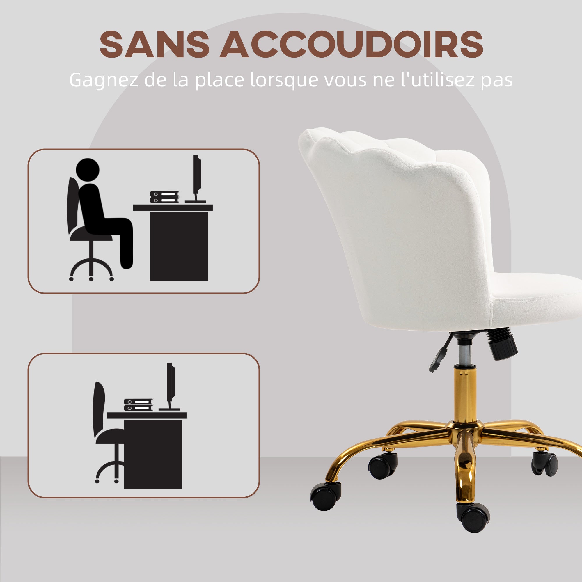 White Velvet Office Chair, Makeup Chair with Petal Backrest, Adjustable Height, Rocking Function, Padded and Swivel Seat, Shell Chair for Office, Living Room, Bedroom