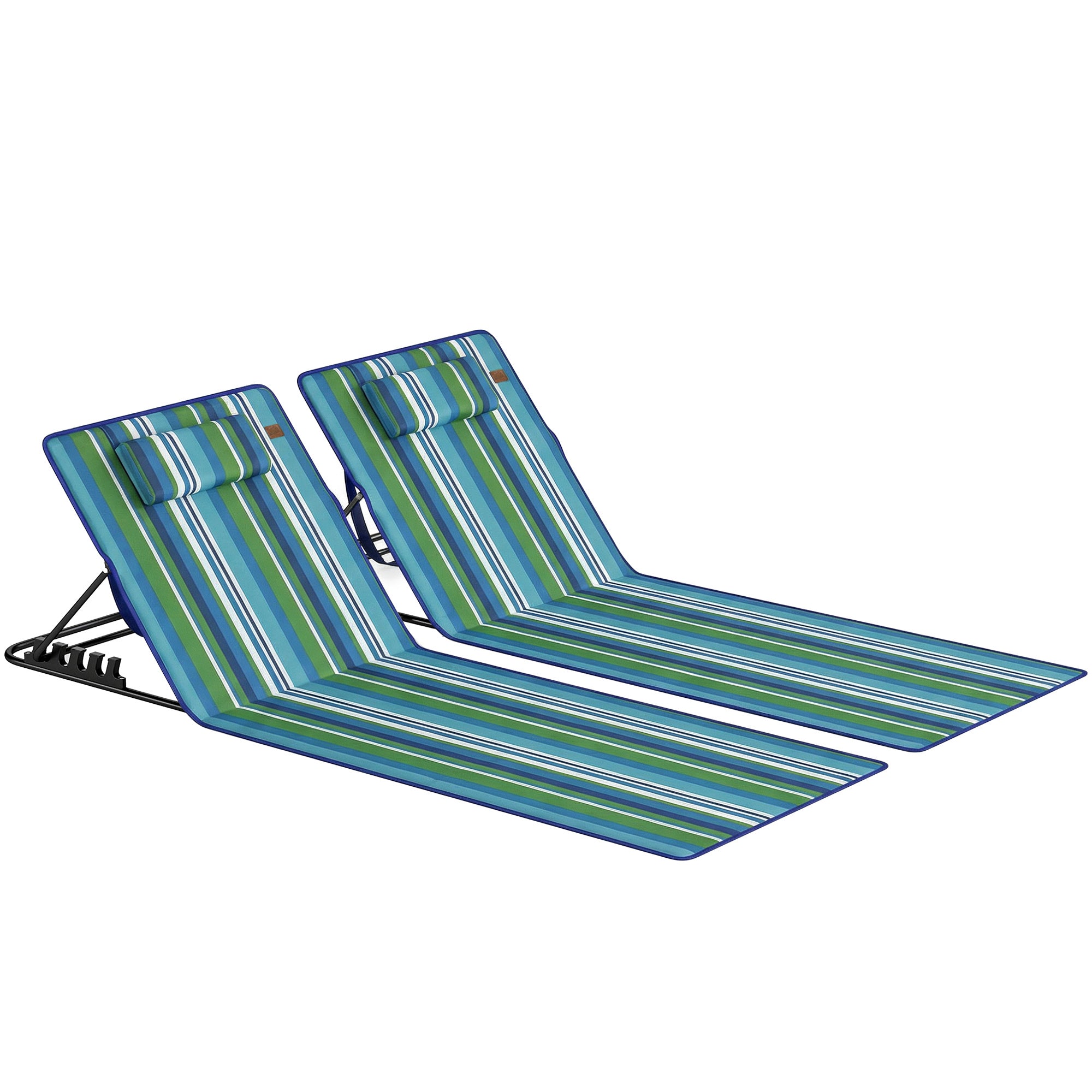 2-Pack Foldable Beach Loungers with Adjustable Backrests, Head Pillows & Storage Bag — Dark Gray