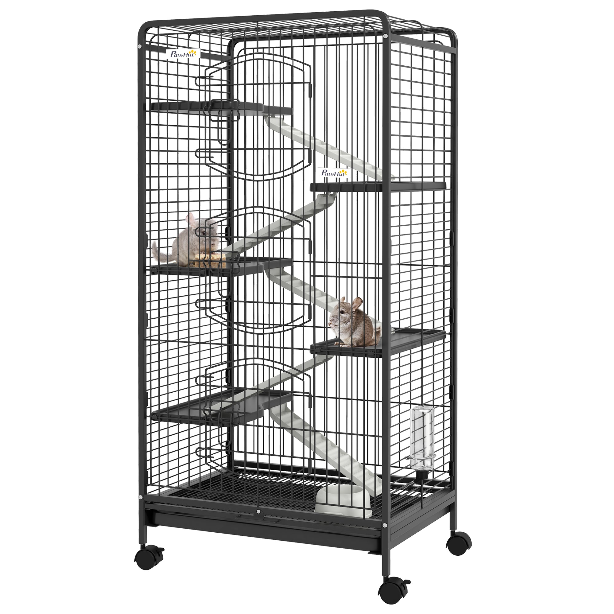 Small Animal Cage Rodent Cage with Wheels Ramp Bowl Water Bottle and Removable Tray Enclosure for Rabbits Chinchillas Ferrets 61.5x44x131 cm Black
