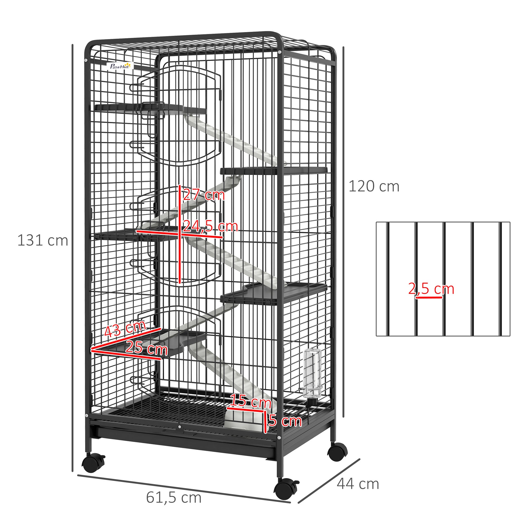 Small Animal Cage Rodent Cage with Wheels Ramp Bowl Water Bottle and Removable Tray Enclosure for Rabbits Chinchillas Ferrets 61.5x44x131 cm Black