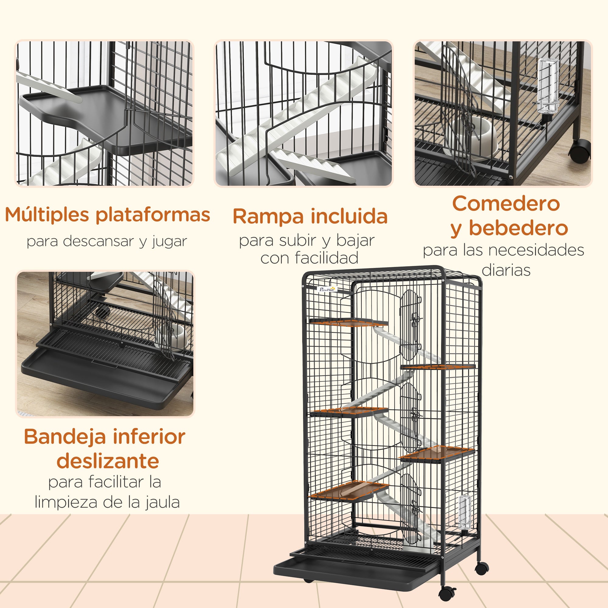 Small Animal Cage Rodent Cage with Wheels Ramp Bowl Water Bottle and Removable Tray Enclosure for Rabbits Chinchillas Ferrets 61.5x44x131 cm Black
