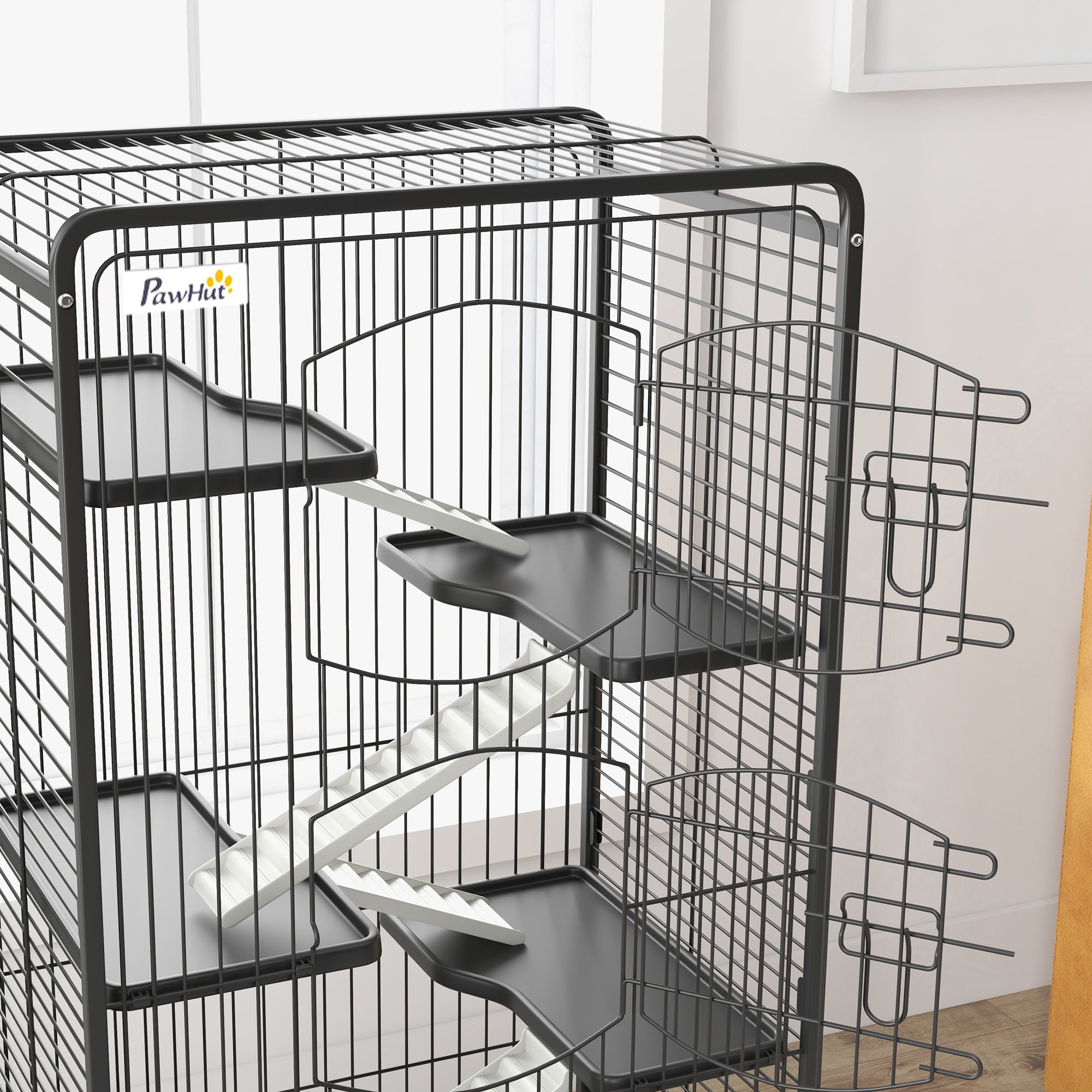 Small Animal Cage Rodent Cage with Wheels Ramp Bowl Water Bottle and Removable Tray Enclosure for Rabbits Chinchillas Ferrets 61.5x44x131 cm Black