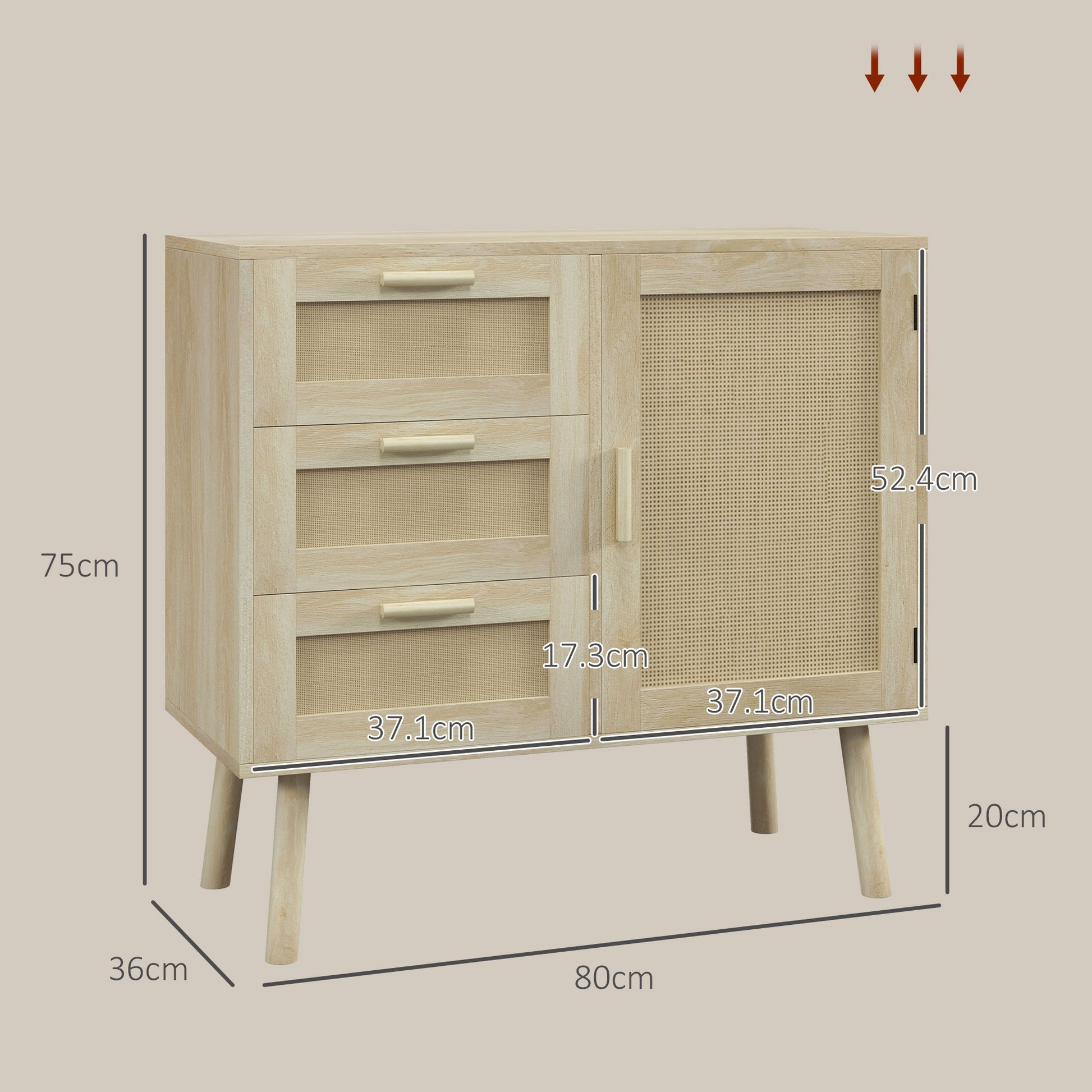 Versatile Boho Style Cabinet with Door and 3 Drawers in Wood and Rattan for Living Room and Entryway, 80x36x75cm, Oak