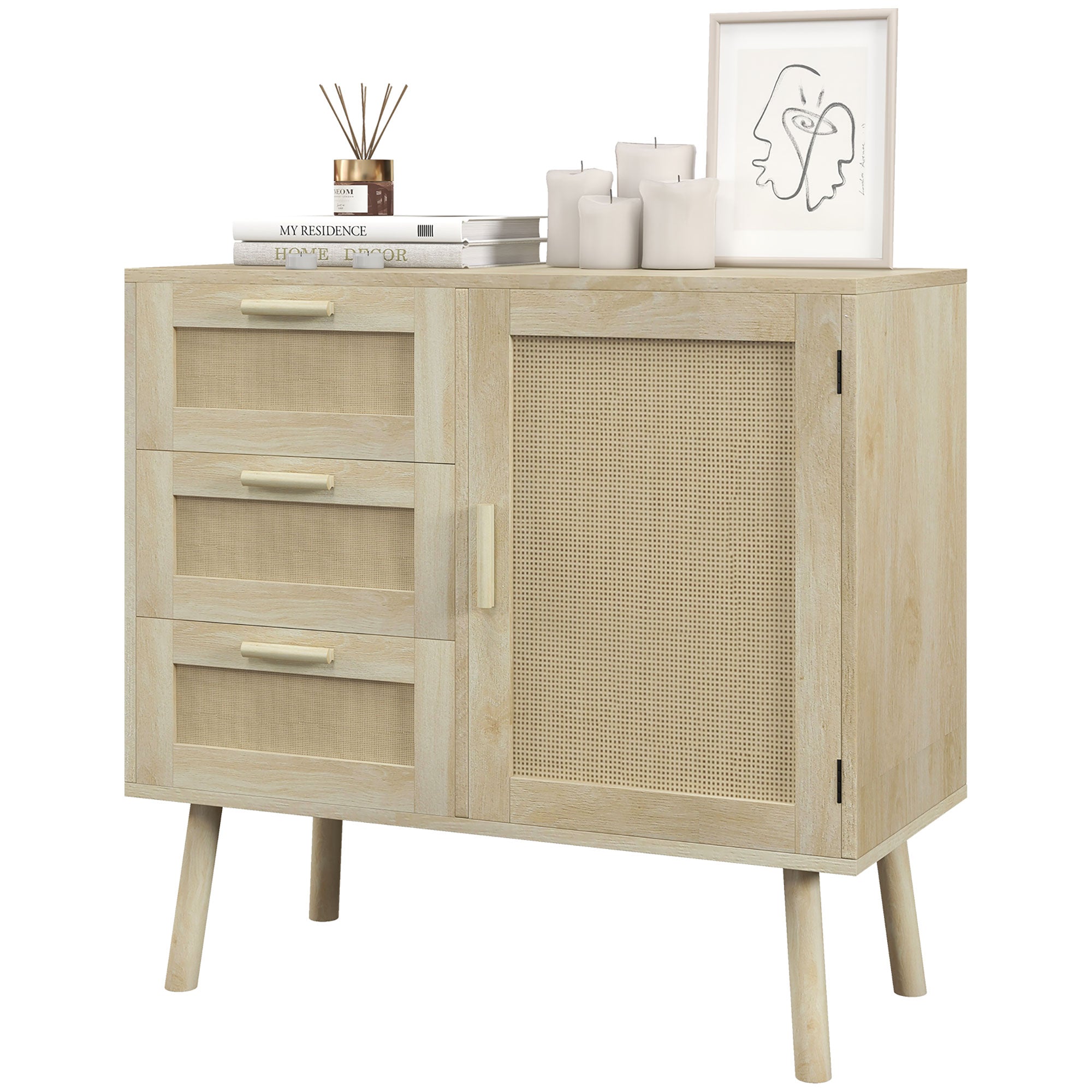 Versatile Boho Style Cabinet with Door and 3 Drawers in Wood and Rattan for Living Room and Entryway, 80x36x75cm, Oak