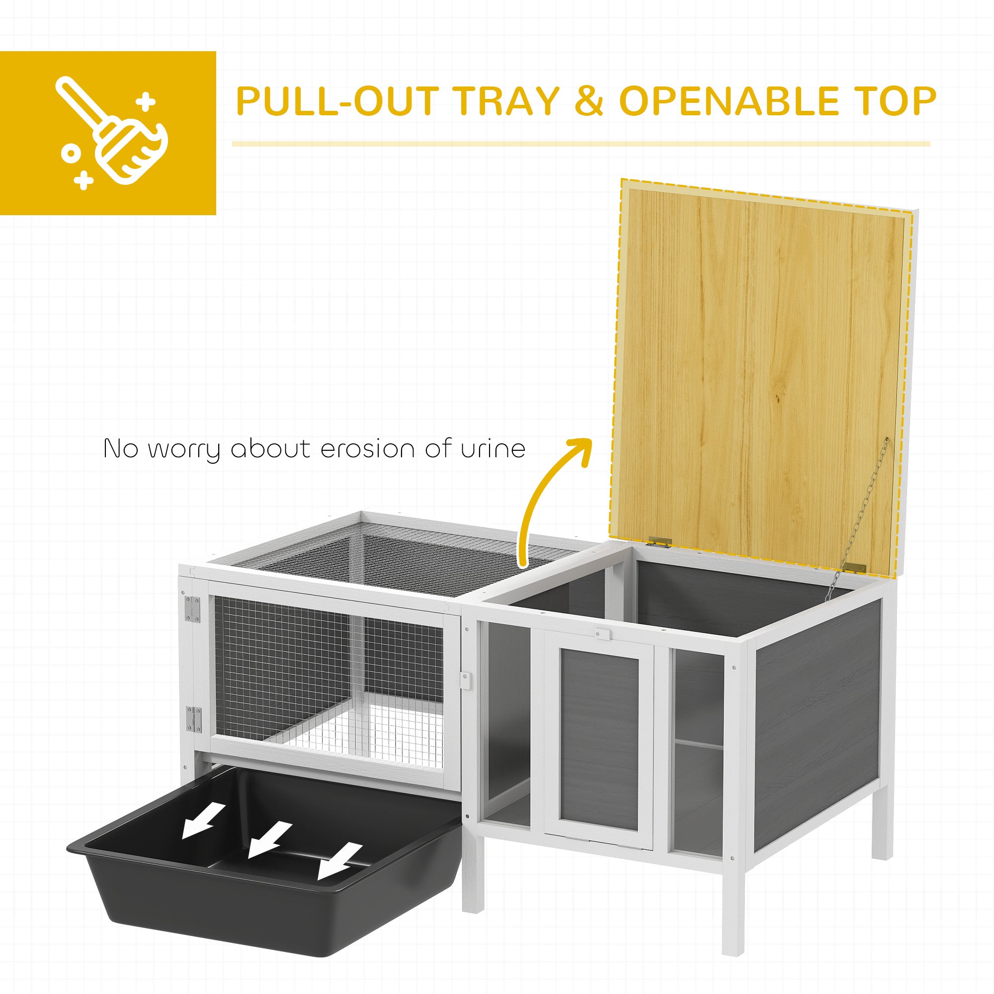 Outdoor Wooden Rabbit Hutch with House, Run & Pull-Out Tray — Spruce Wood, Metal, PET, Asphalt Roof, 105 x 57.5 x 51.5 cm (41.3 x 22.6 x 20.3 in), Multicolor