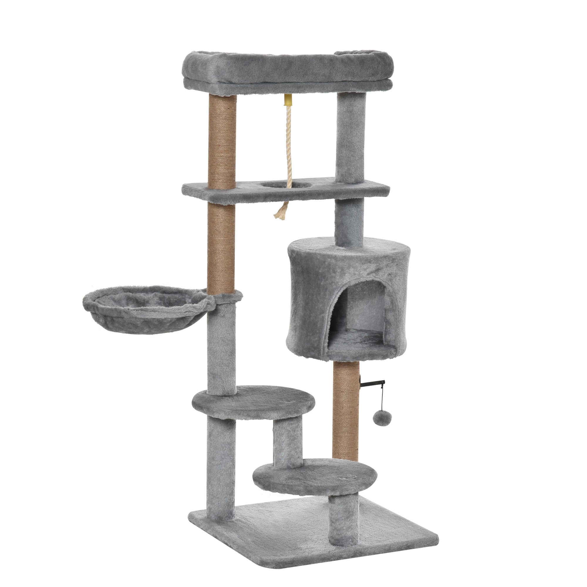 Cat Scratching Post 120 cm Cat Tree with Basket, Cat Cave, Play Ball, Indoor Climbing Tower with Bed, Jute Trunk, Scratching Furniture for Cats up to 5 kg, Light Gray