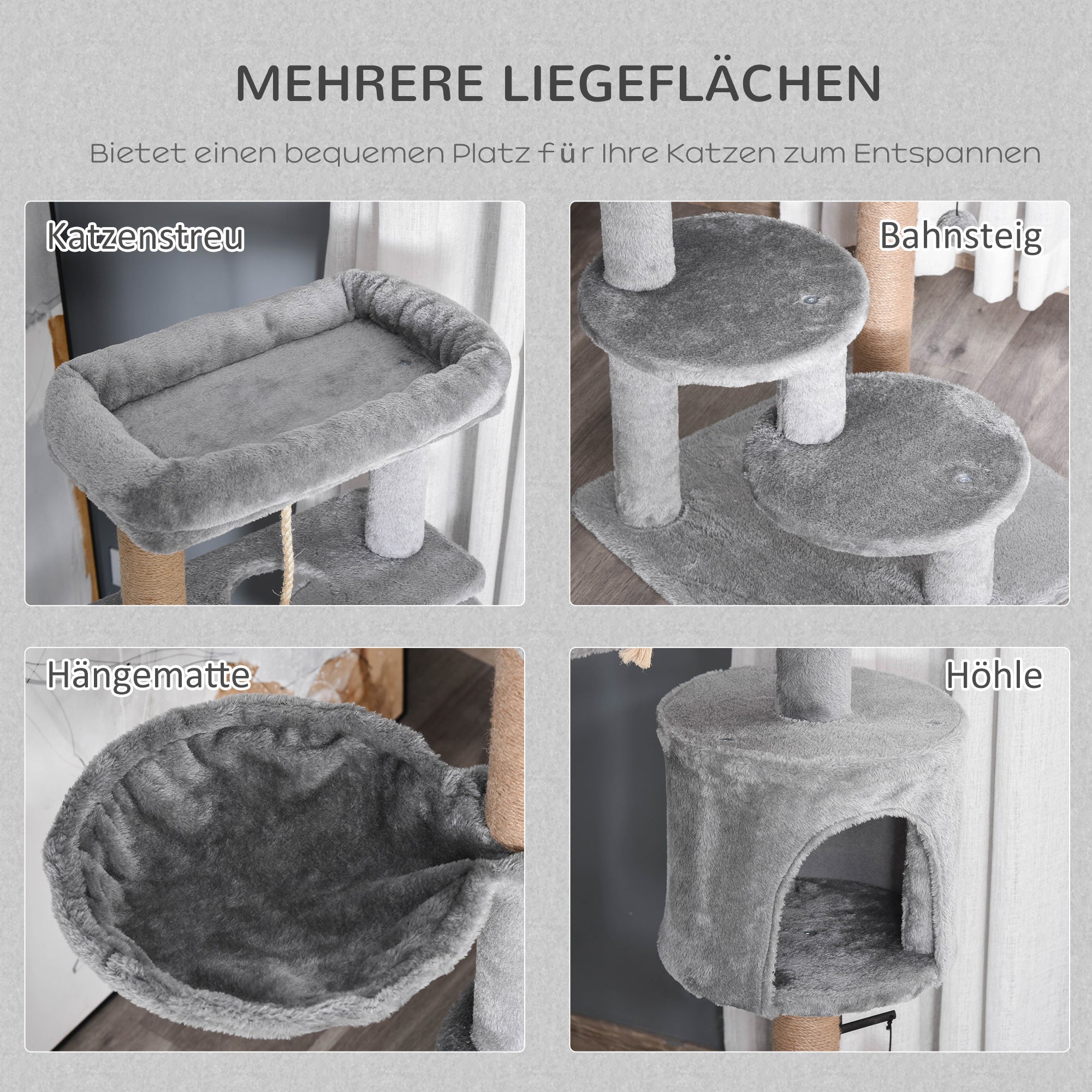 Cat Scratching Post 120 cm Cat Tree with Basket, Cat Cave, Play Ball, Indoor Climbing Tower with Bed, Jute Trunk, Scratching Furniture for Cats up to 5 kg, Light Gray