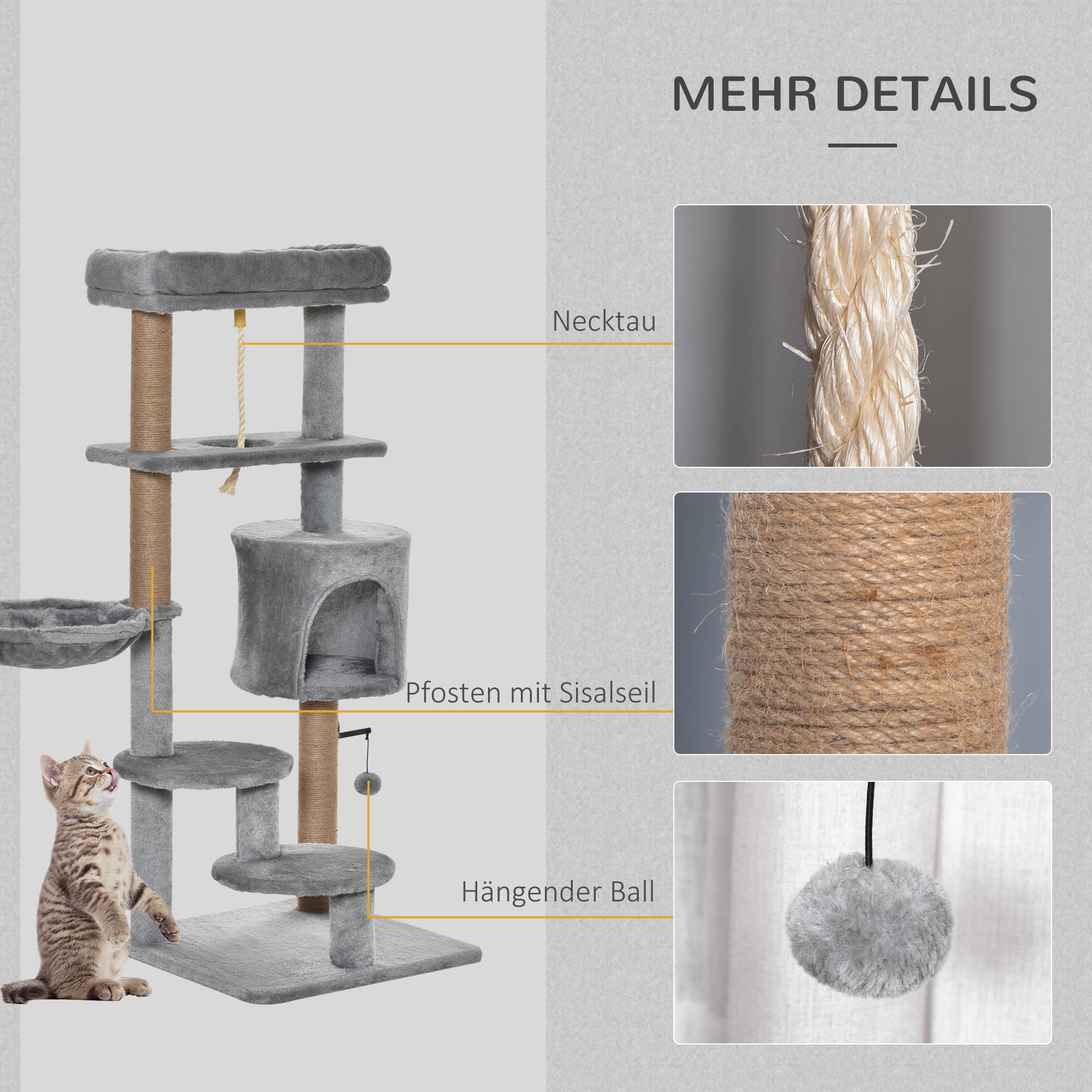 Cat Scratching Post 120 cm Cat Tree with Basket, Cat Cave, Play Ball, Indoor Climbing Tower with Bed, Jute Trunk, Scratching Furniture for Cats up to 5 kg, Light Gray