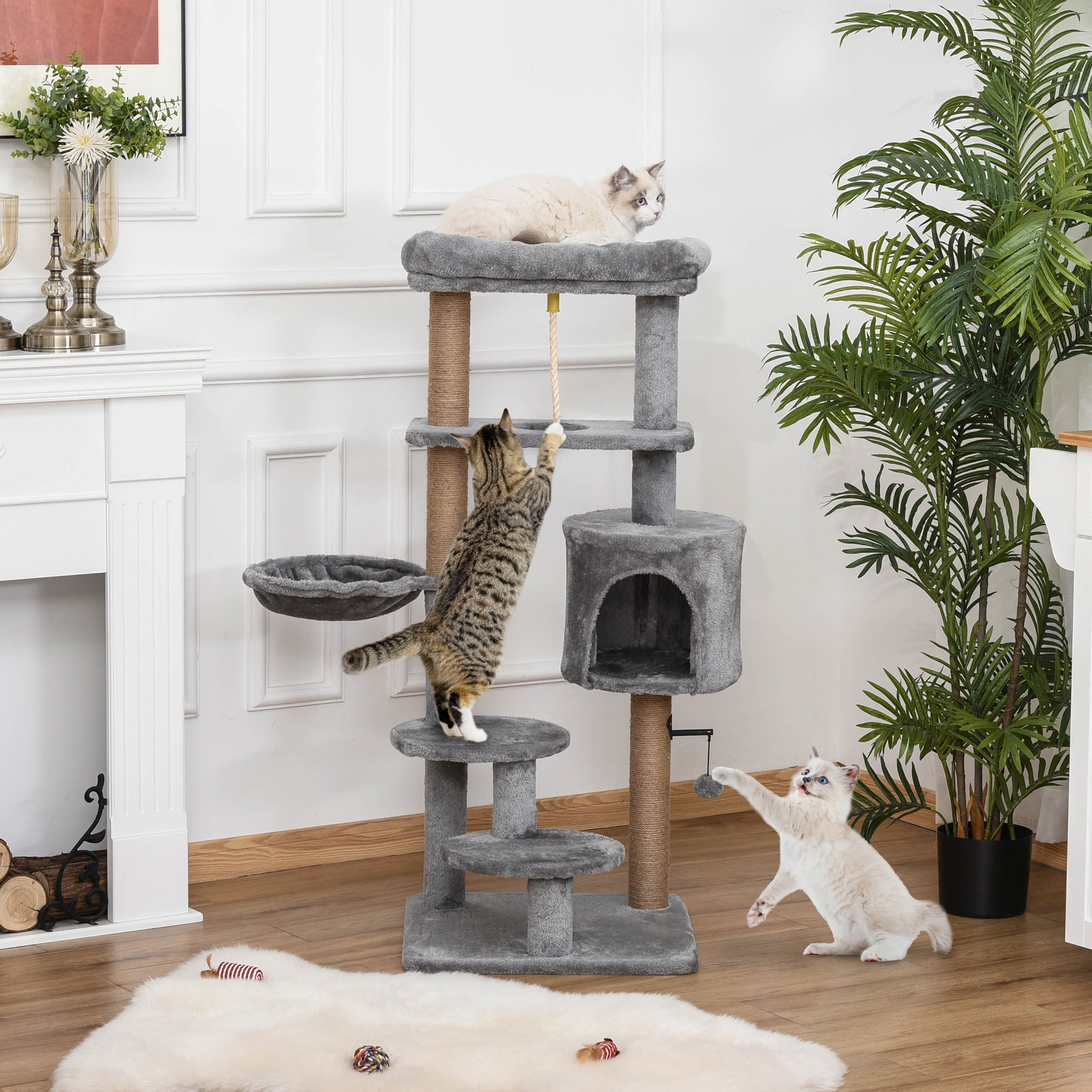Cat Scratching Post 120 cm Cat Tree with Basket, Cat Cave, Play Ball, Indoor Climbing Tower with Bed, Jute Trunk, Scratching Furniture for Cats up to 5 kg, Light Gray