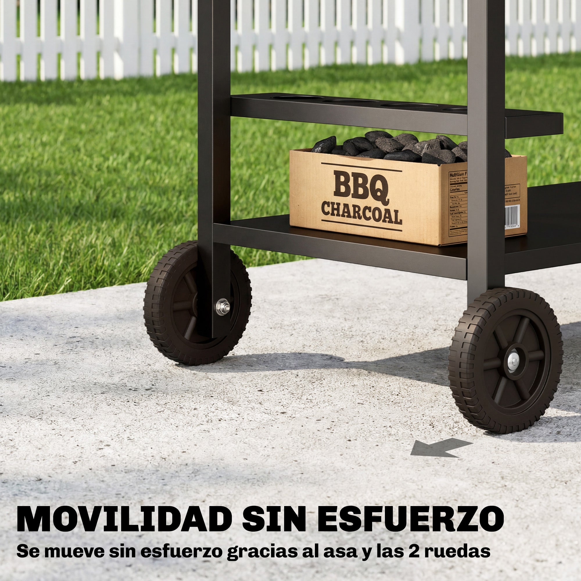 2-Tier Mobile BBQ Cart with Wood-Effect Top, Drink Holder, Hooks & Wheels — Black/Brown