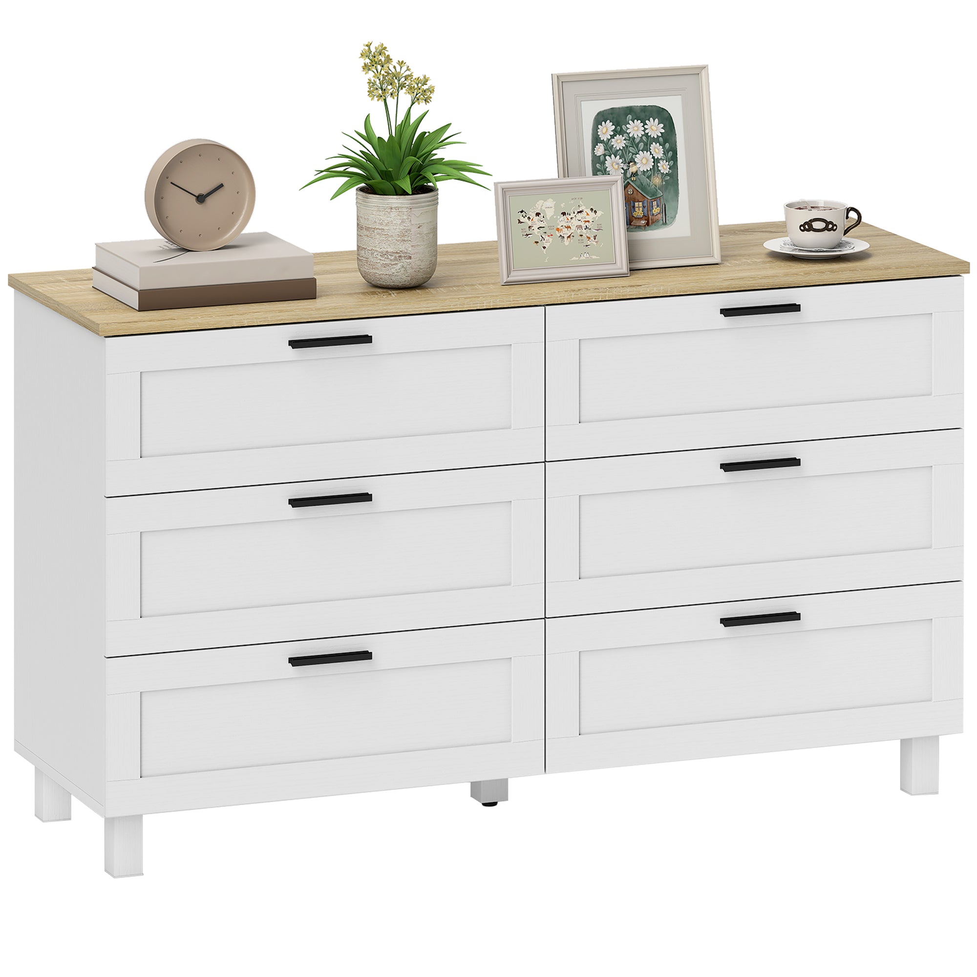 6-Drawer Dresser, Storage Cabinet with Pine Legs, Modern Style, for Bedroom, Living Room, Hallway, 47.2 x 15.0 x 28.0 in, Natural Wood & White