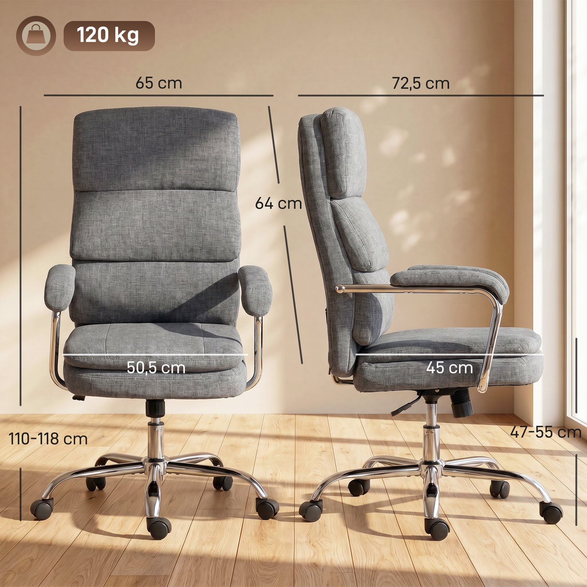 Ergonomic Chenille Office Chair with Padded Armrests, Adjustable Height & Tilt, 360° Swivel, Gray
