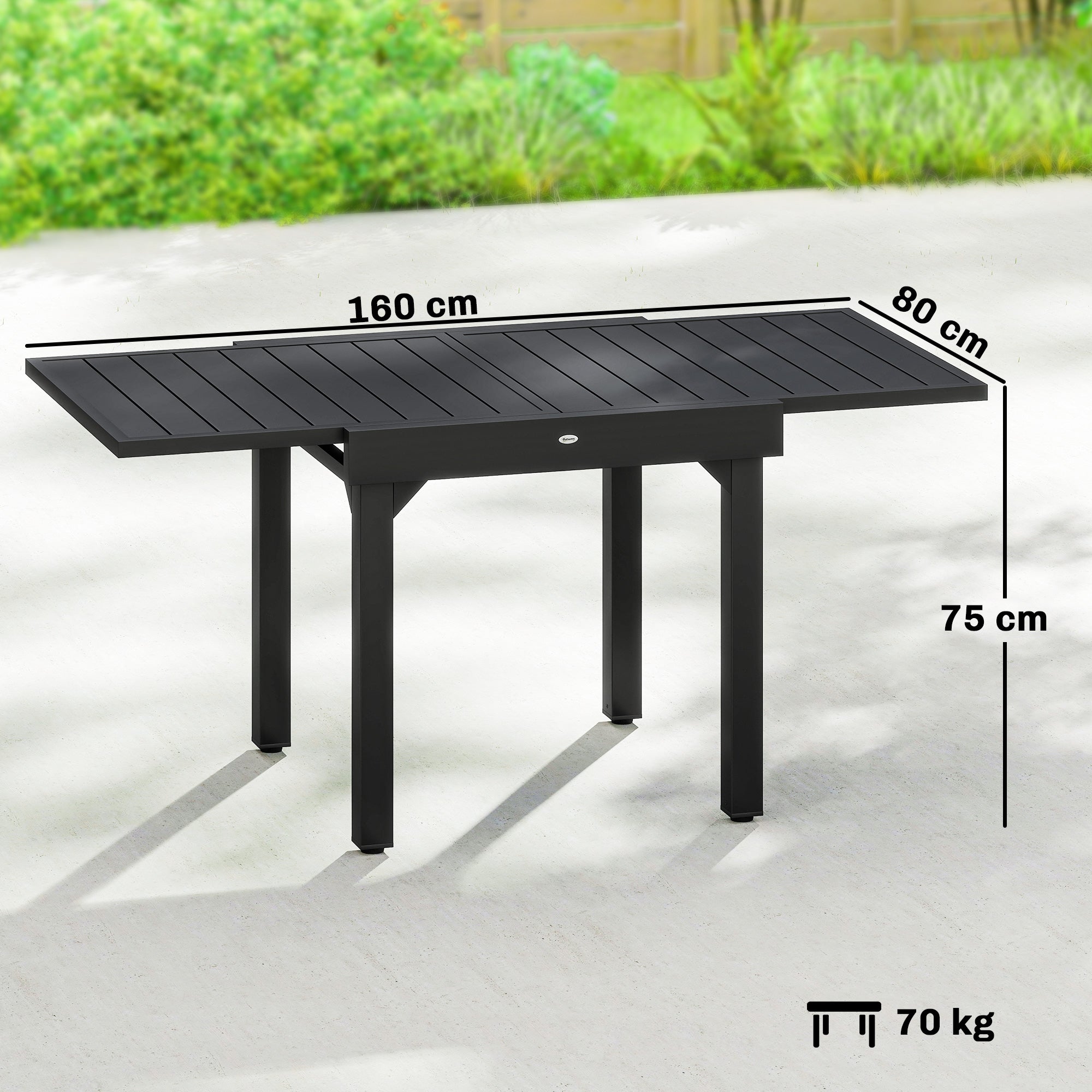 Extendable Garden Dining Table, 31.5–63 in (80–160 cm) Adjustable Outdoor Table, Aluminum Slatted Top, 154 lb Capacity, Rectangular for 4–6 People, Patio/Terrace, Black