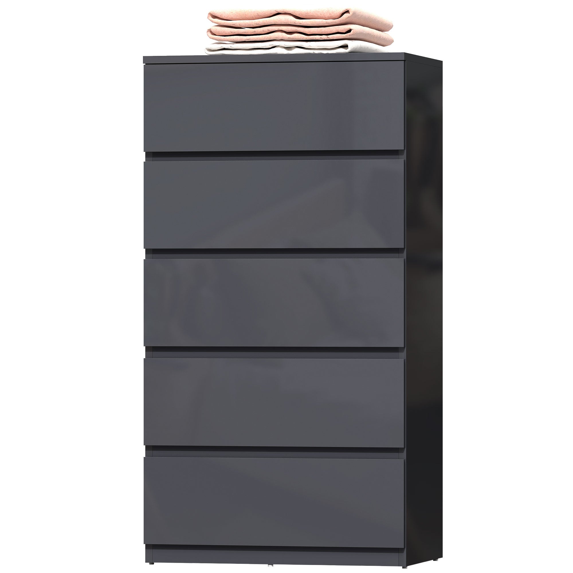 5-Drawer High-Gloss Dresser with Soft-Close Drawers, Handleless Modern Chest for Bedroom, Living Room or Hallway — 20.9 × 13.4 × 39.4 in (Gray)