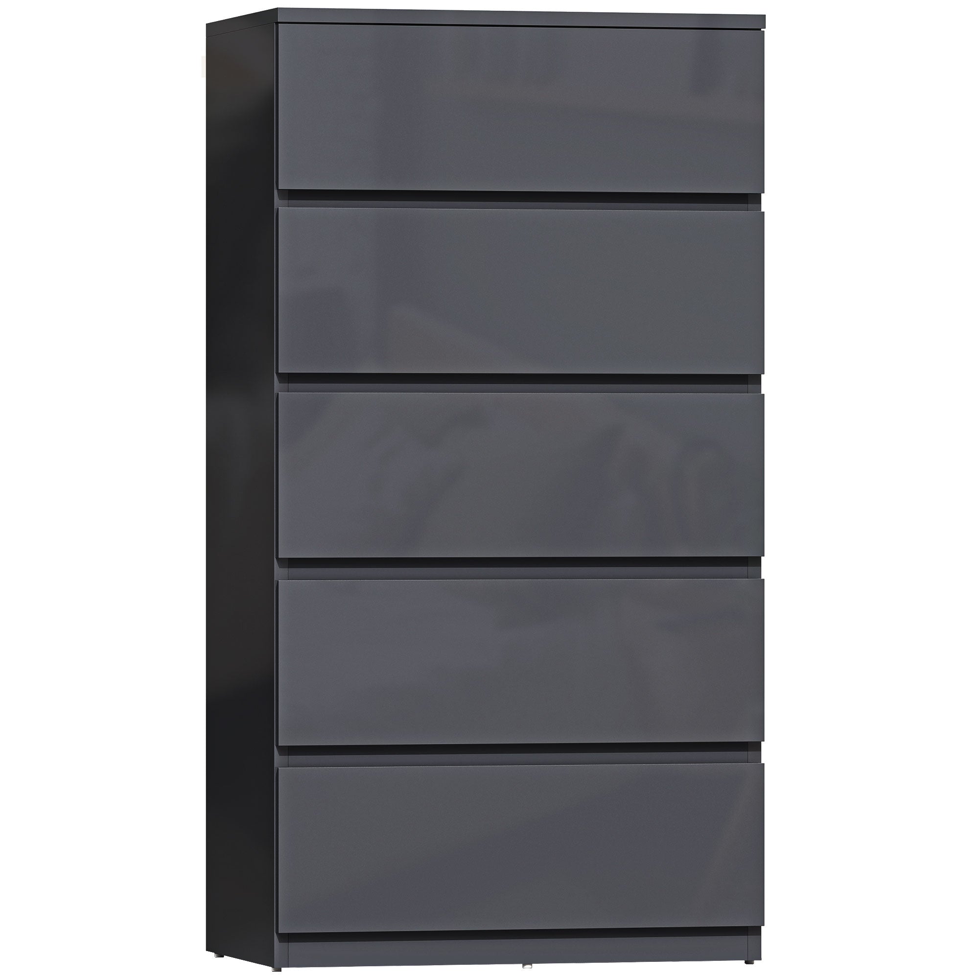 5-Drawer High-Gloss Dresser with Soft-Close Drawers, Handleless Modern Chest for Bedroom, Living Room or Hallway — 20.9 × 13.4 × 39.4 in (Gray)