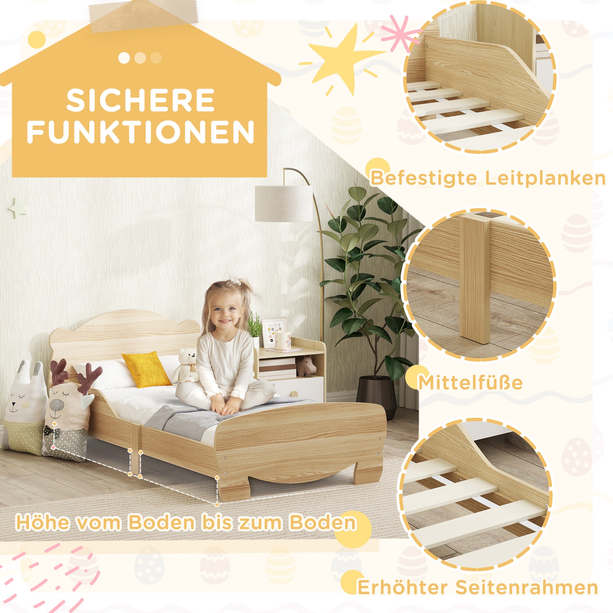 Kids House Bed made of solid wood Children's bed with fall protection, play bed single bed with bear design for children's room natural wood