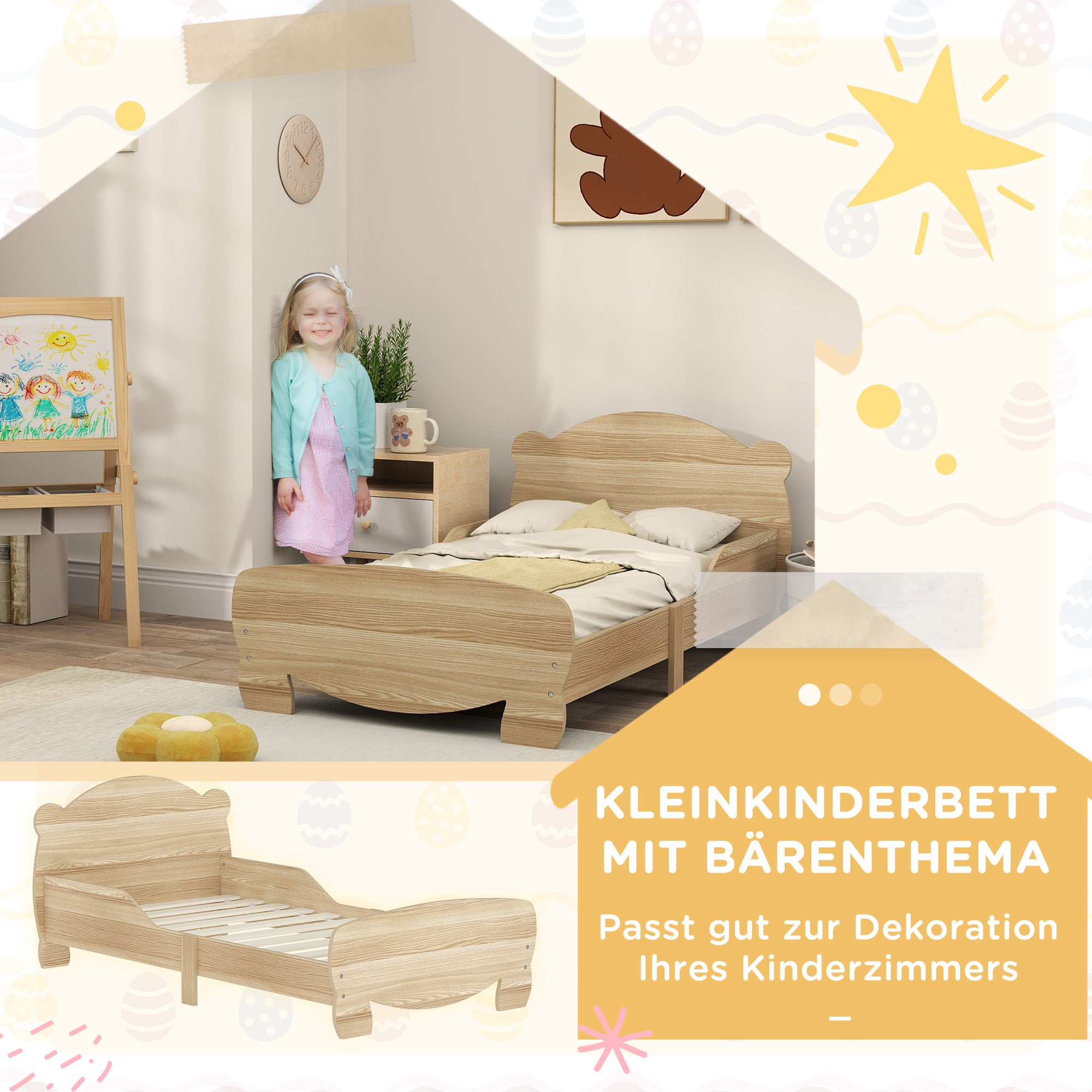 Kids House Bed made of solid wood Children's bed with fall protection, play bed single bed with bear design for children's room natural wood