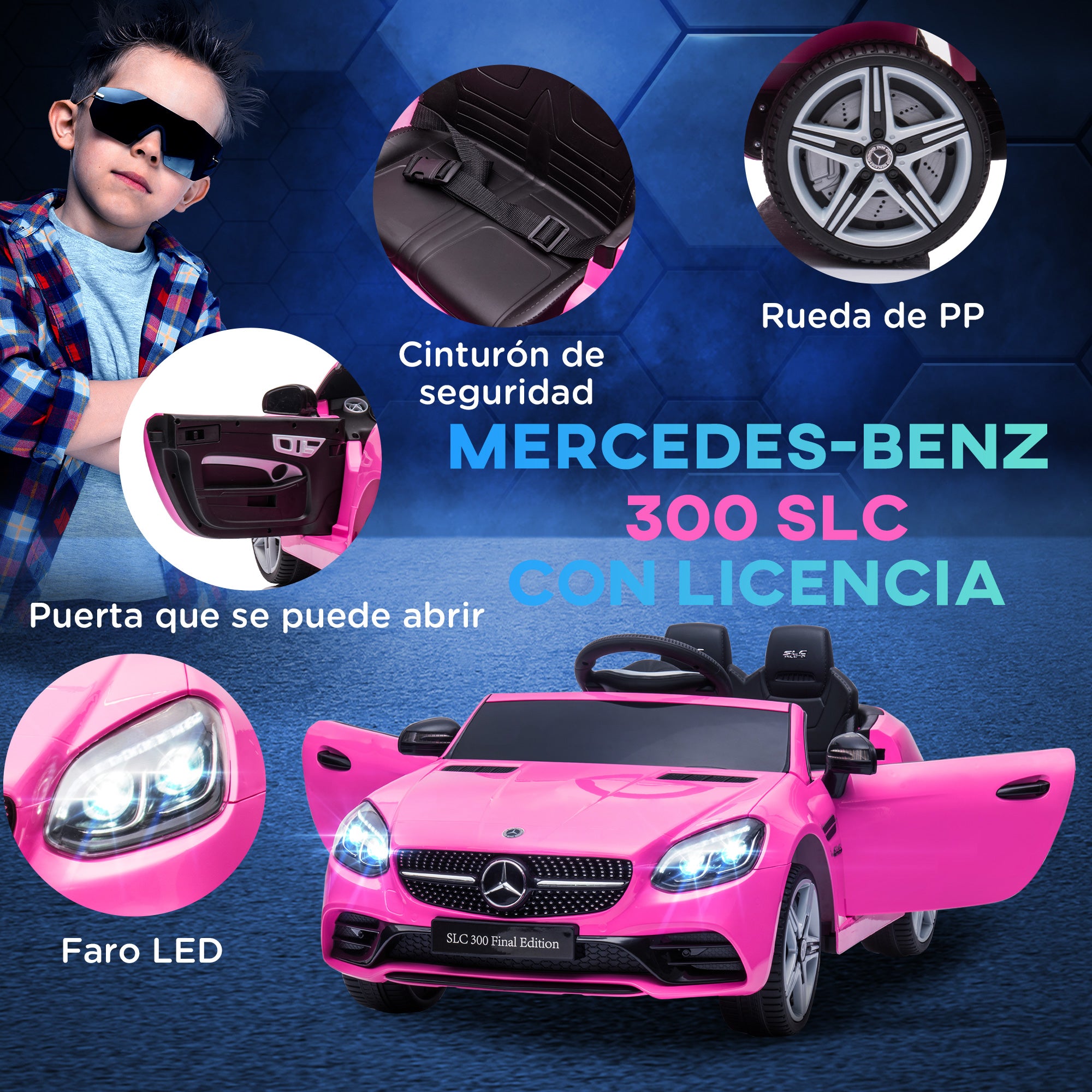 Electric Car for Kids 3+ Years Mercedes SLC 300 12V Electric Car with Remote Control LED Headlights Horn Music Pink