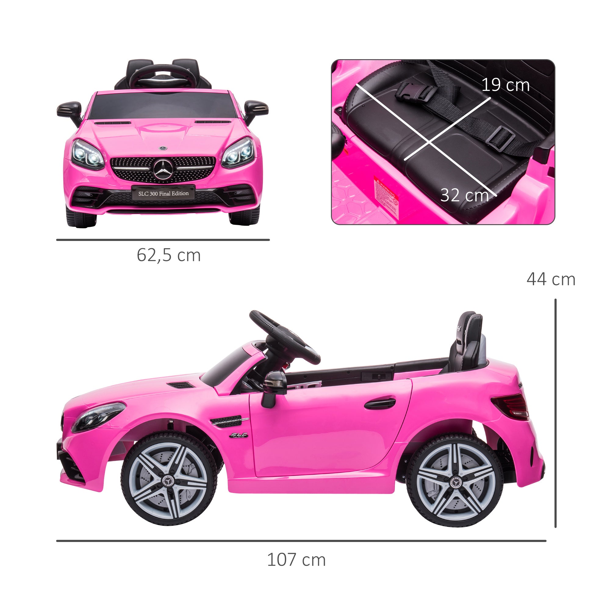 Electric Car for Kids 3+ Years Mercedes SLC 300 12V Electric Car with Remote Control LED Headlights Horn Music Pink