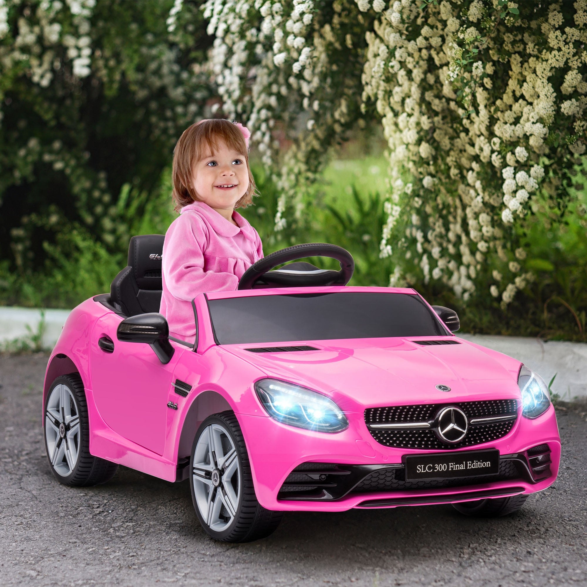 Electric Car for Kids 3+ Years Mercedes SLC 300 12V Electric Car with Remote Control LED Headlights Horn Music Pink