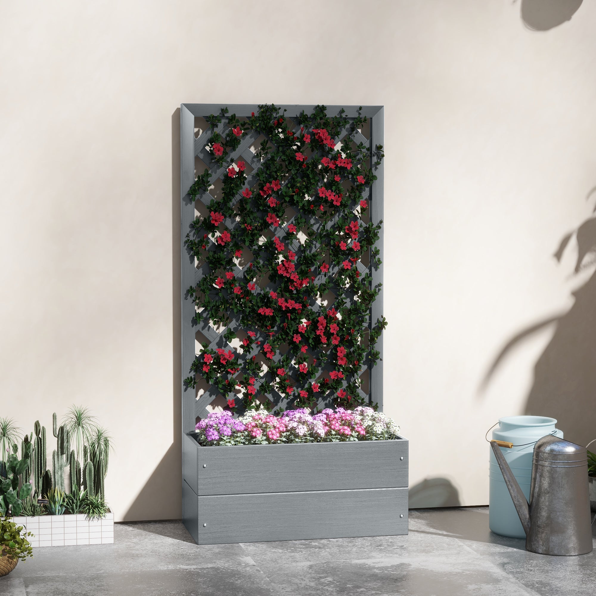 Planter with Back Trellis and Drainage Slot, Composite Wood Planter for Outdoor, 65x33.5x135 cm, Gray