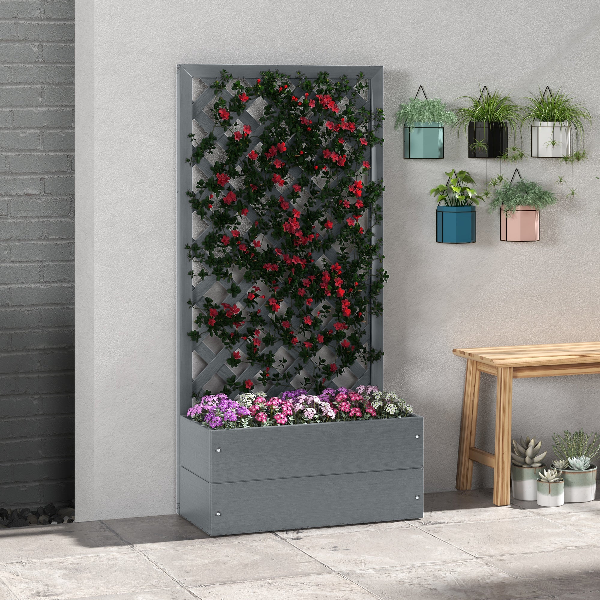 Planter with Back Trellis and Drainage Slot, Composite Wood Planter for Outdoor, 65x33.5x135 cm, Gray