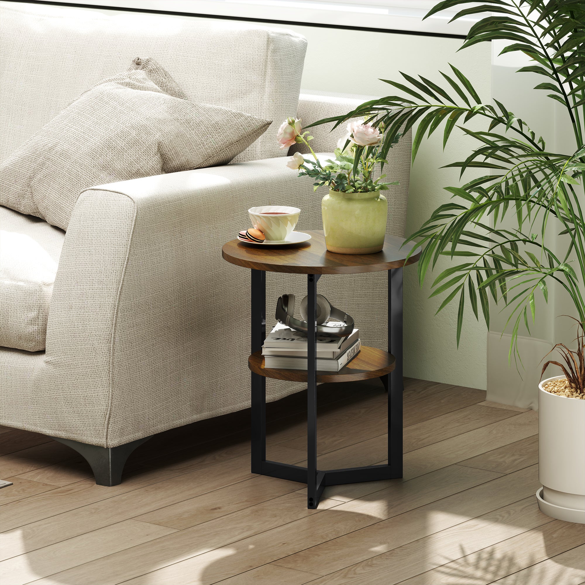 Round Side Table, Industrial Coffee Table with Storage Shelves and Steel Frame, End Table for Living Room, Bedroom, Ø 40 x 48 cm, Brown