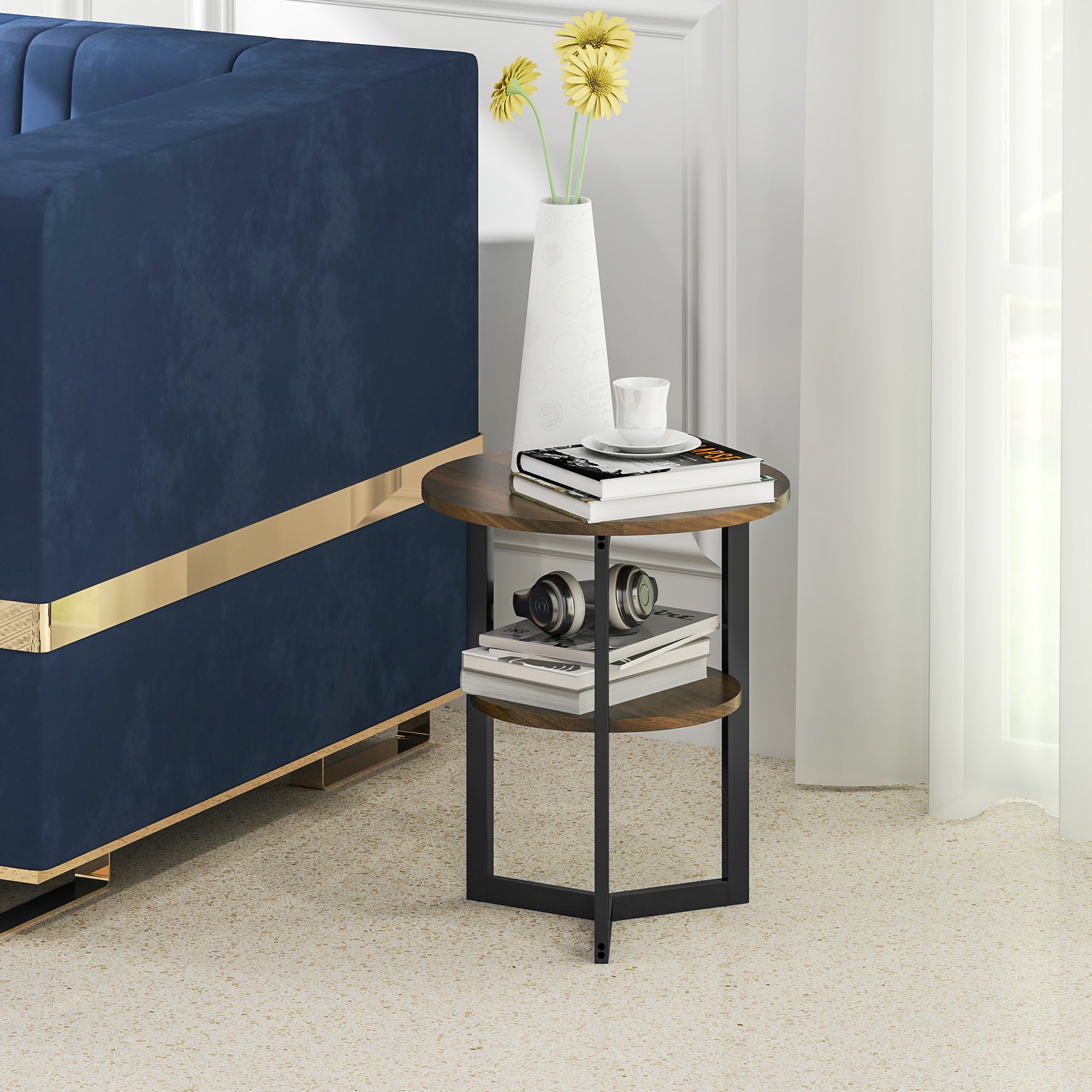 Round Side Table, Industrial Coffee Table with Storage Shelves and Steel Frame, End Table for Living Room, Bedroom, Ø 40 x 48 cm, Brown