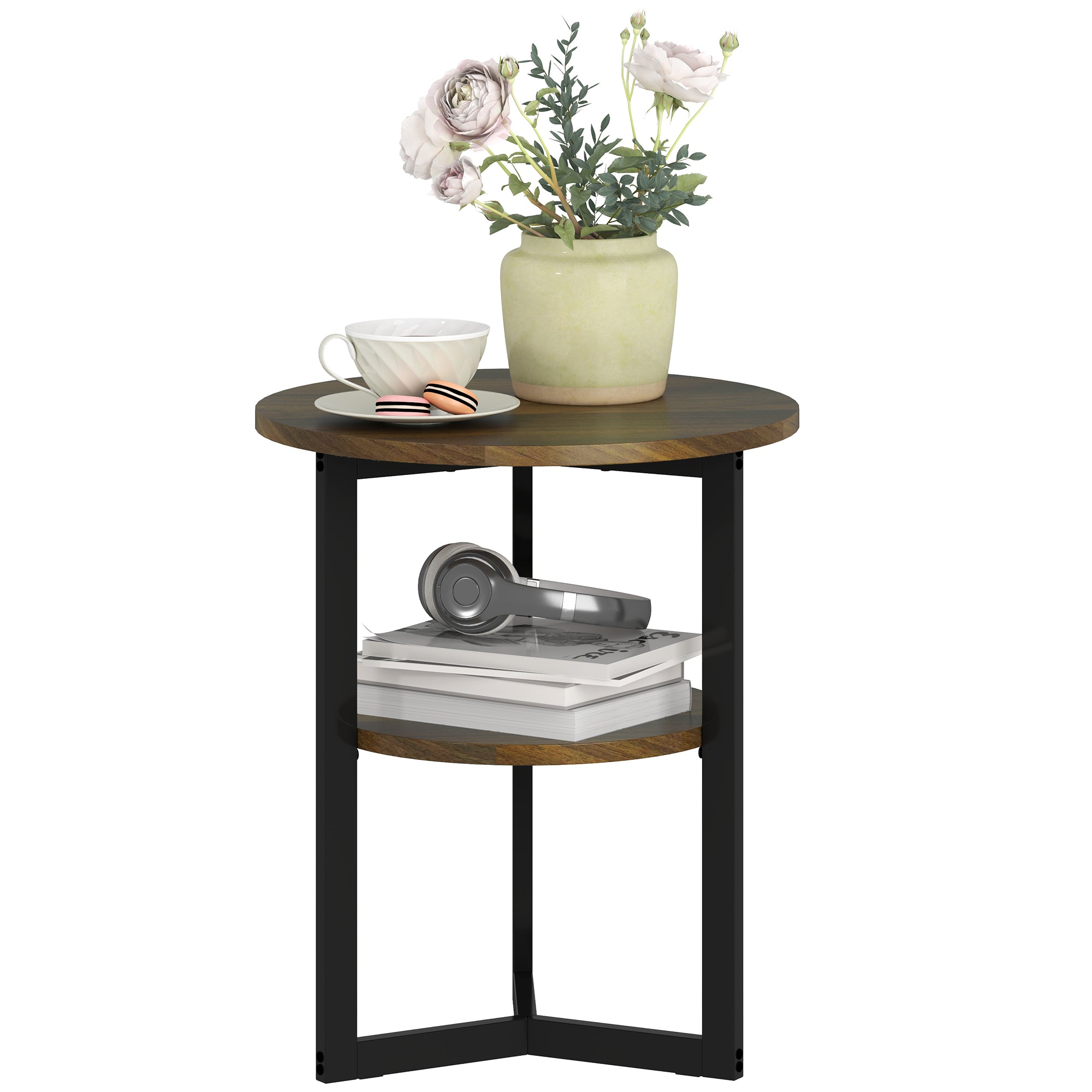 Round Side Table, Industrial Coffee Table with Storage Shelves and Steel Frame, End Table for Living Room, Bedroom, Ø 40 x 48 cm, Brown