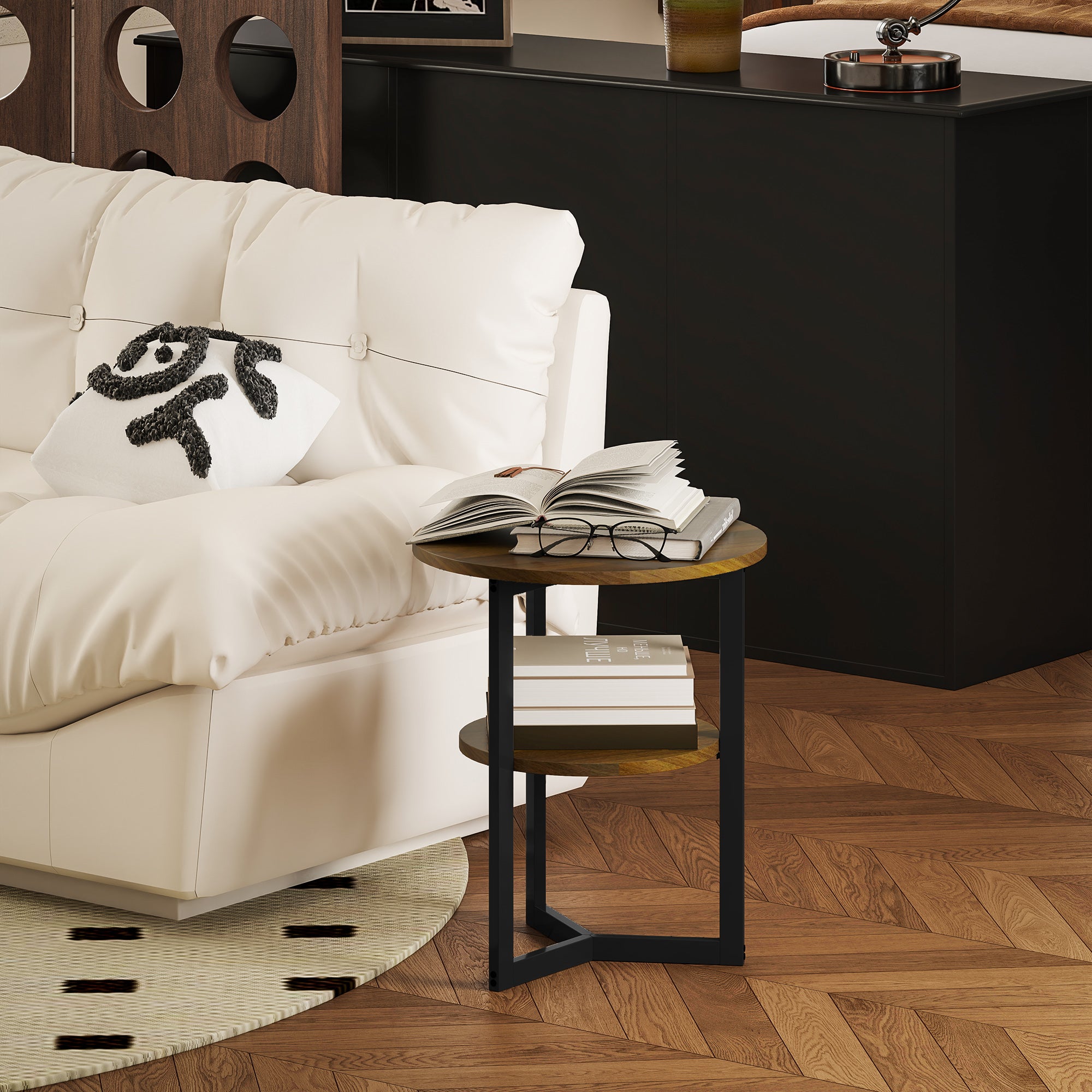 Round Side Table, Industrial Coffee Table with Storage Shelves and Steel Frame, End Table for Living Room, Bedroom, Ø 40 x 48 cm, Brown