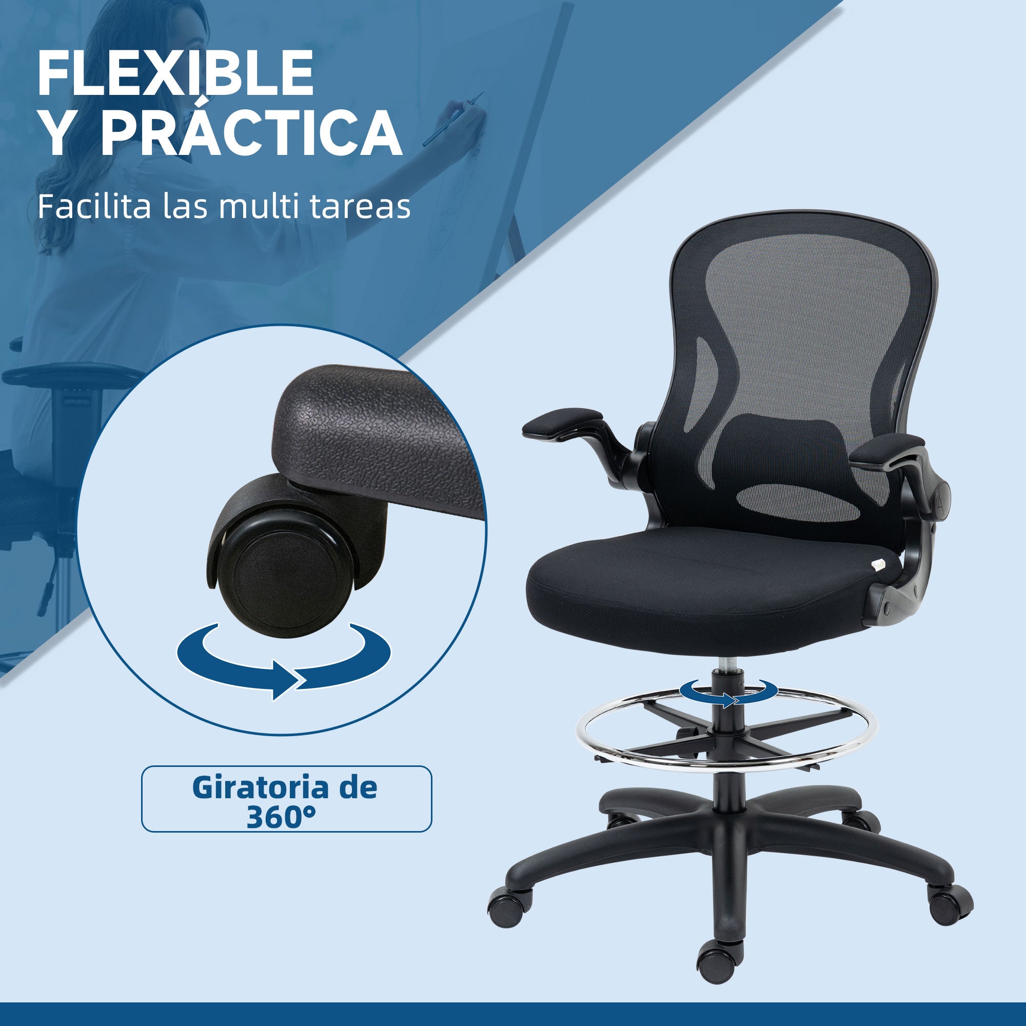 Drafting Chair Swivel Office Chair High Back Mid-Back Lumbar Support Flip-Up Armrests Adjustable Height Load 120 kg 59x65x102-122 cm Black