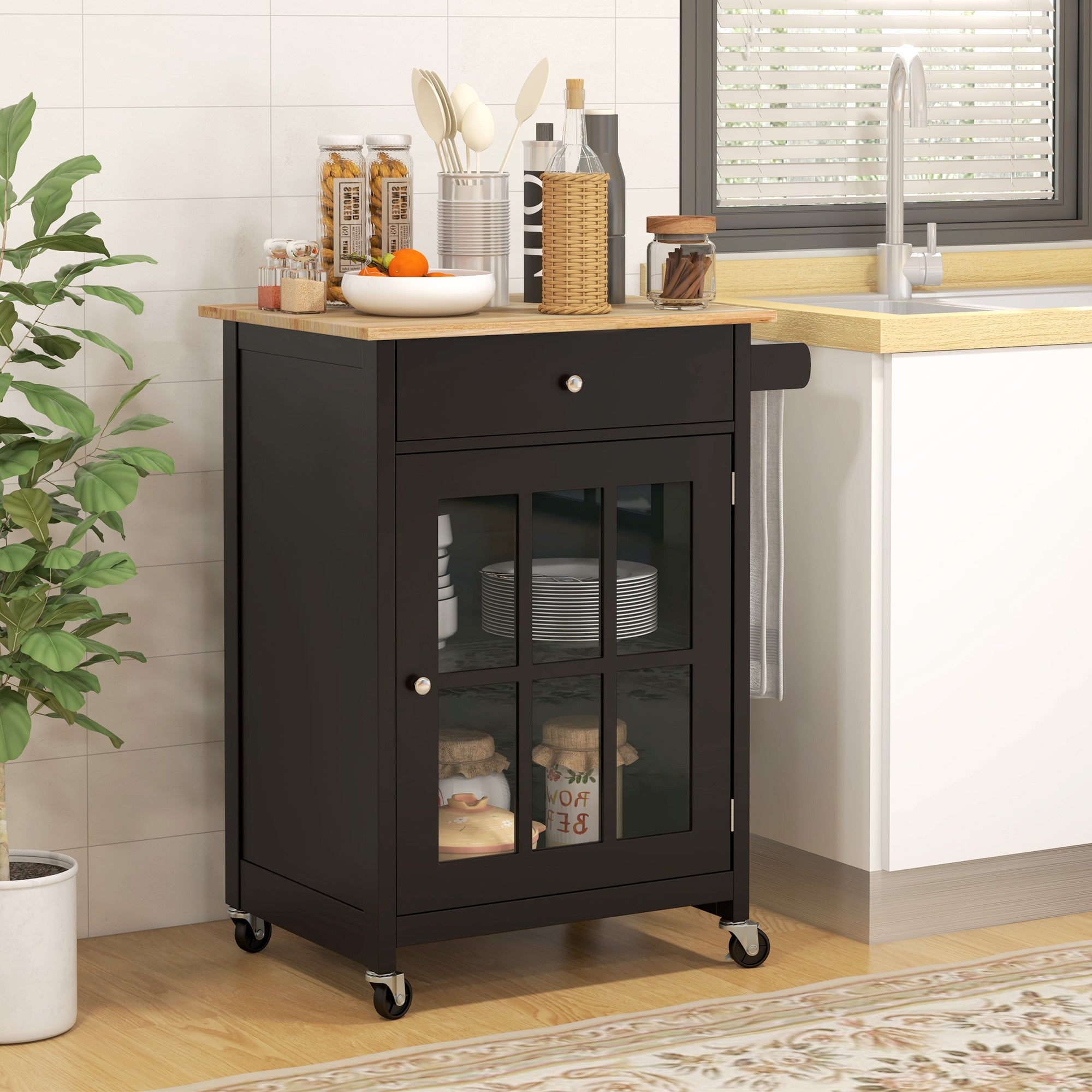 Kitchen Cart with Drawer, Adjustable Shelf, 4 Wheels, and Side Towel Holder, Kitchen Cart with Rubber Wood Top, for Living Room and Kitchen, 67x48x86.5 cm, Black and Oak