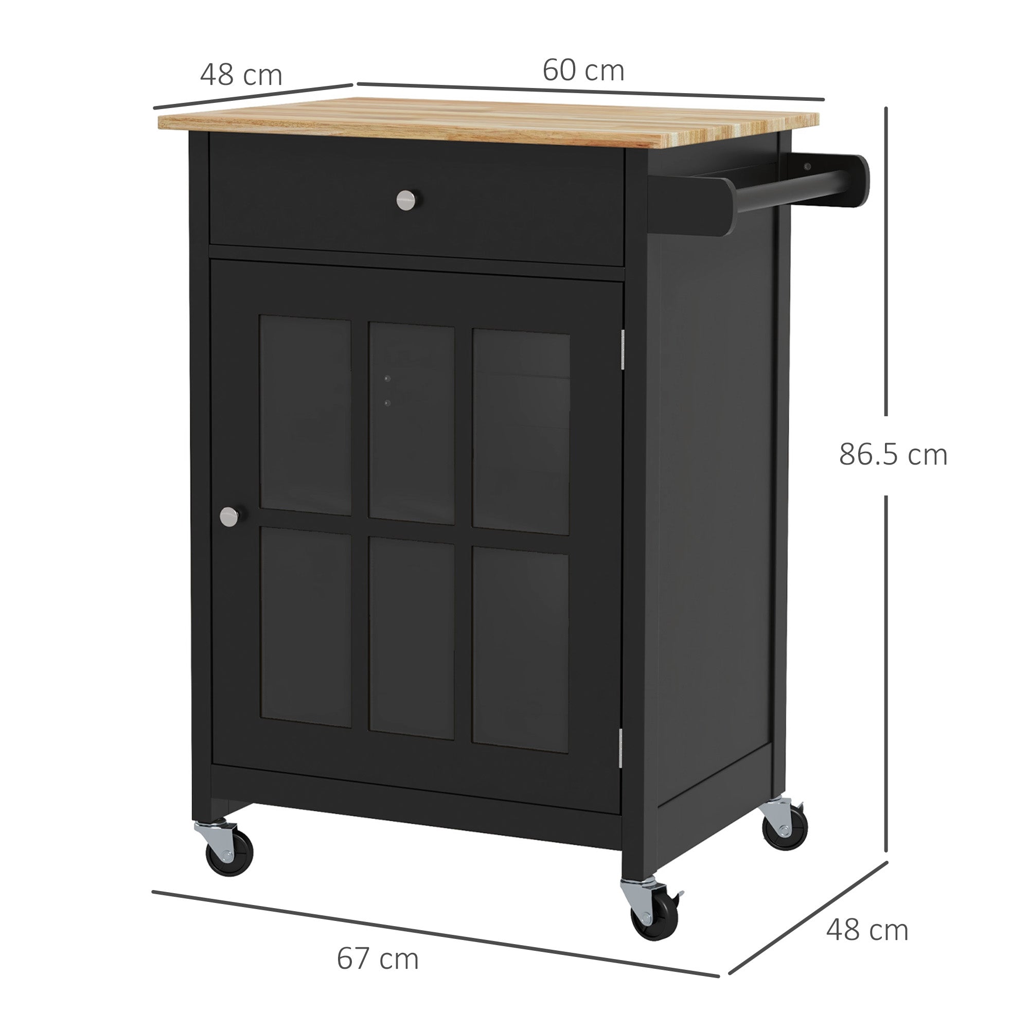Kitchen Cart with Drawer, Adjustable Shelf, 4 Wheels, and Side Towel Holder, Kitchen Cart with Rubber Wood Top, for Living Room and Kitchen, 67x48x86.5 cm, Black and Oak