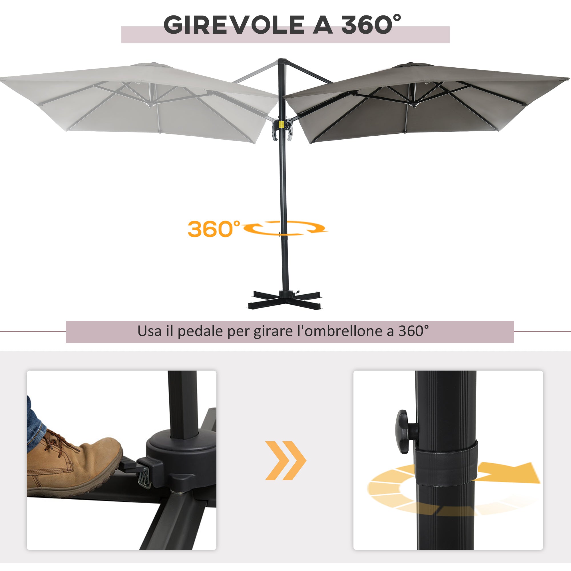 Crank Garden Umbrella 2.5x2.5 m with 360° Rotation, Cantilever Balcony Umbrella with Base, Air Vent and Adjustable Sunshade on 5 Levels, Light Grey