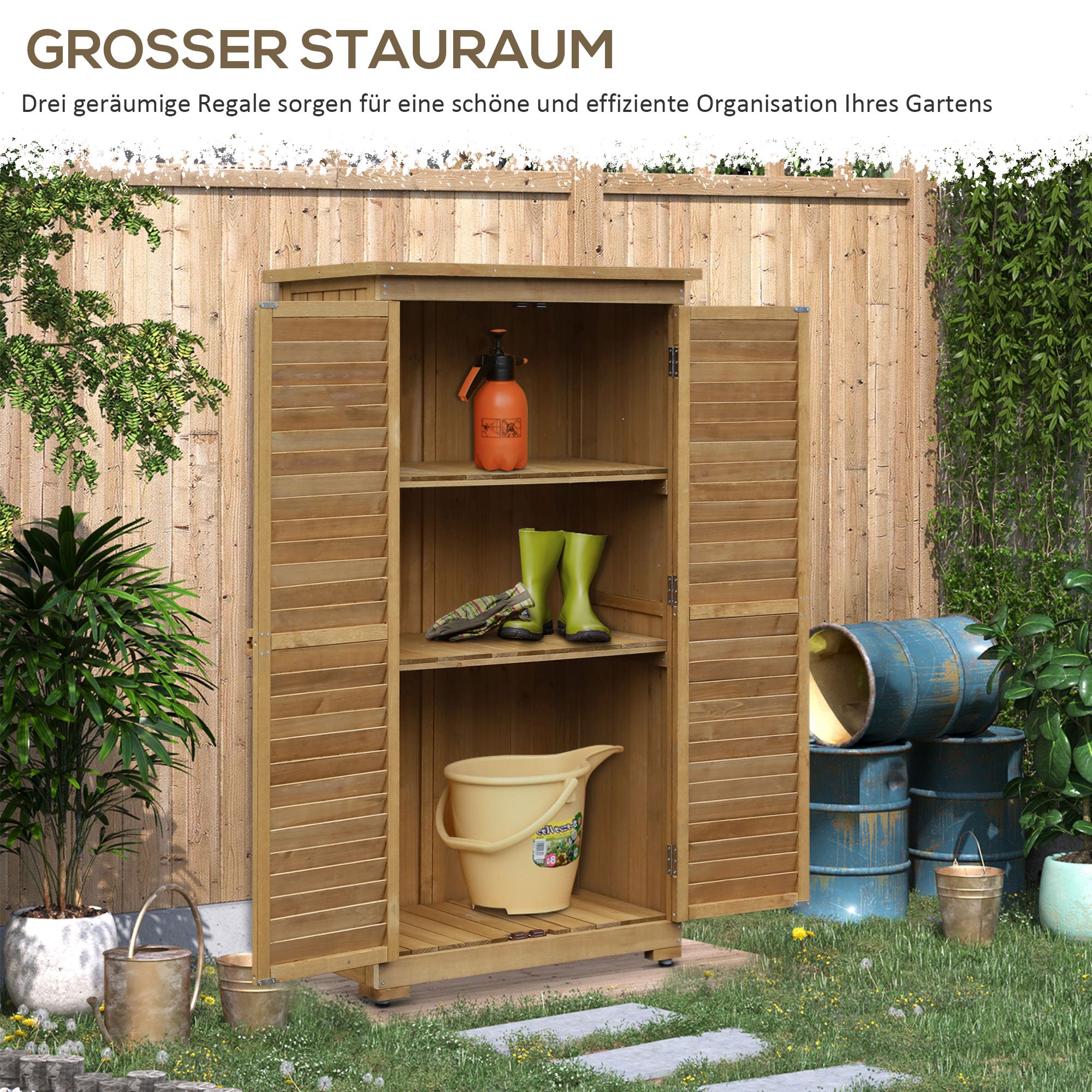 Wooden Garden Cabinet, Weatherproof Tool Shed 87x46.5x160cm, Equipment House with Door, Pent Roof, Shelves, Tool Cabinet, Garden House Toolshed for Garden, Patio, Natural Wood