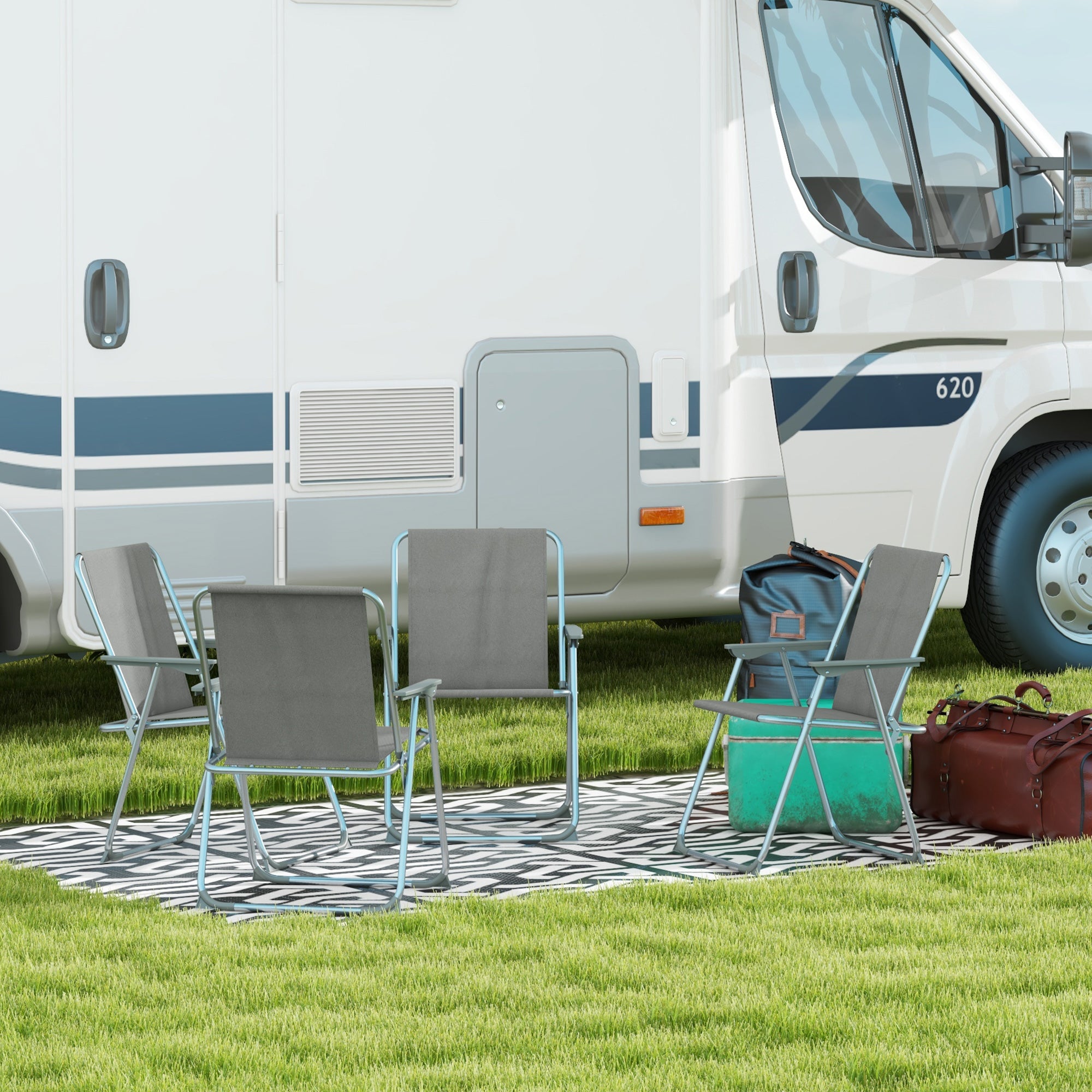 Set of 4 Garden Folding Chairs with Backrest Armrest Foldable Camping Chair 120kg Capacity for Garden Balcony Oxford Gray 53 x 54 x 76 cm