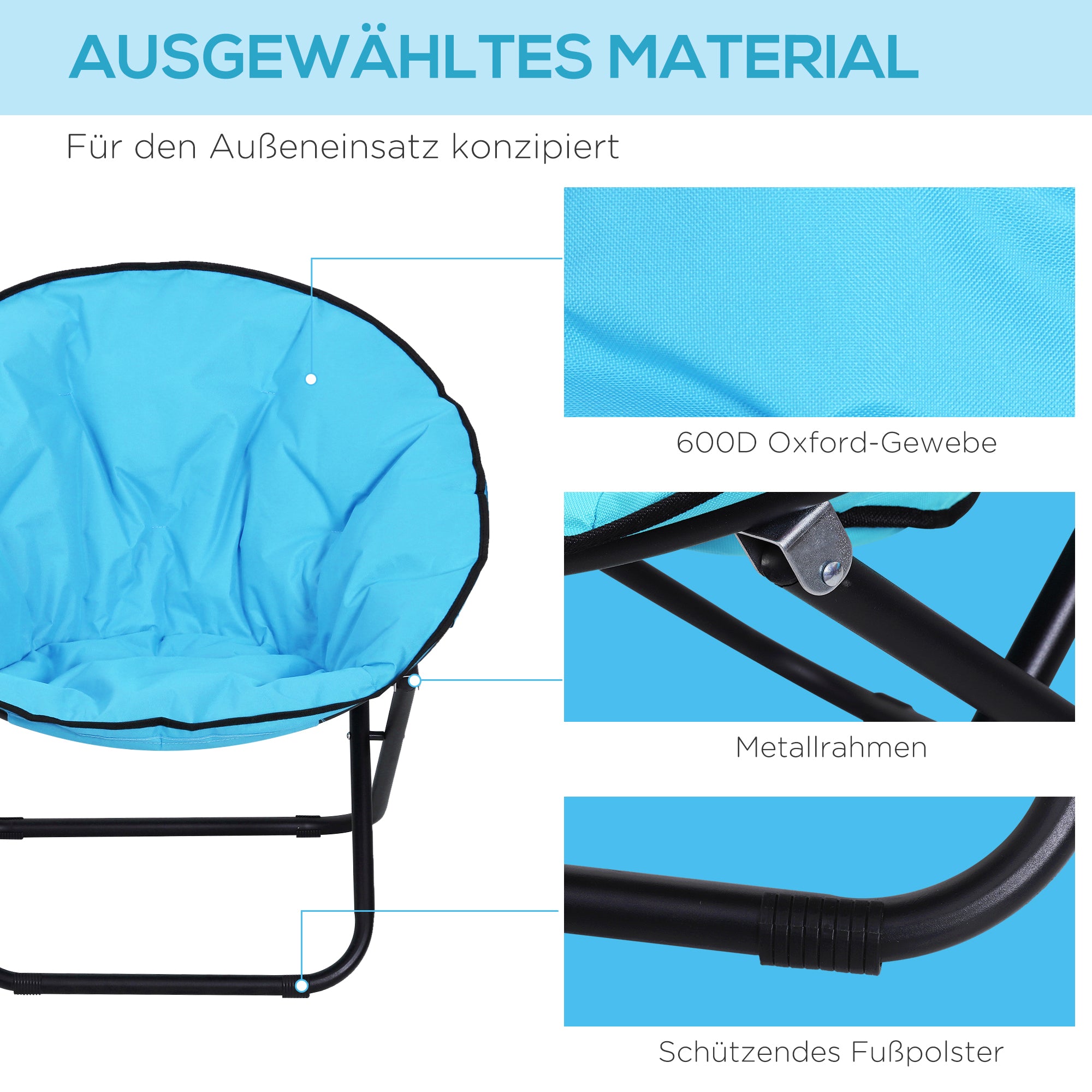 Folding Camping Chair Camp Chair with Backrest, Foldable Chair up to 120kg, Padded Moon Chair Extra Wide, Foldable Outdoor Chair for Garden, Balcony, Camping, Blue