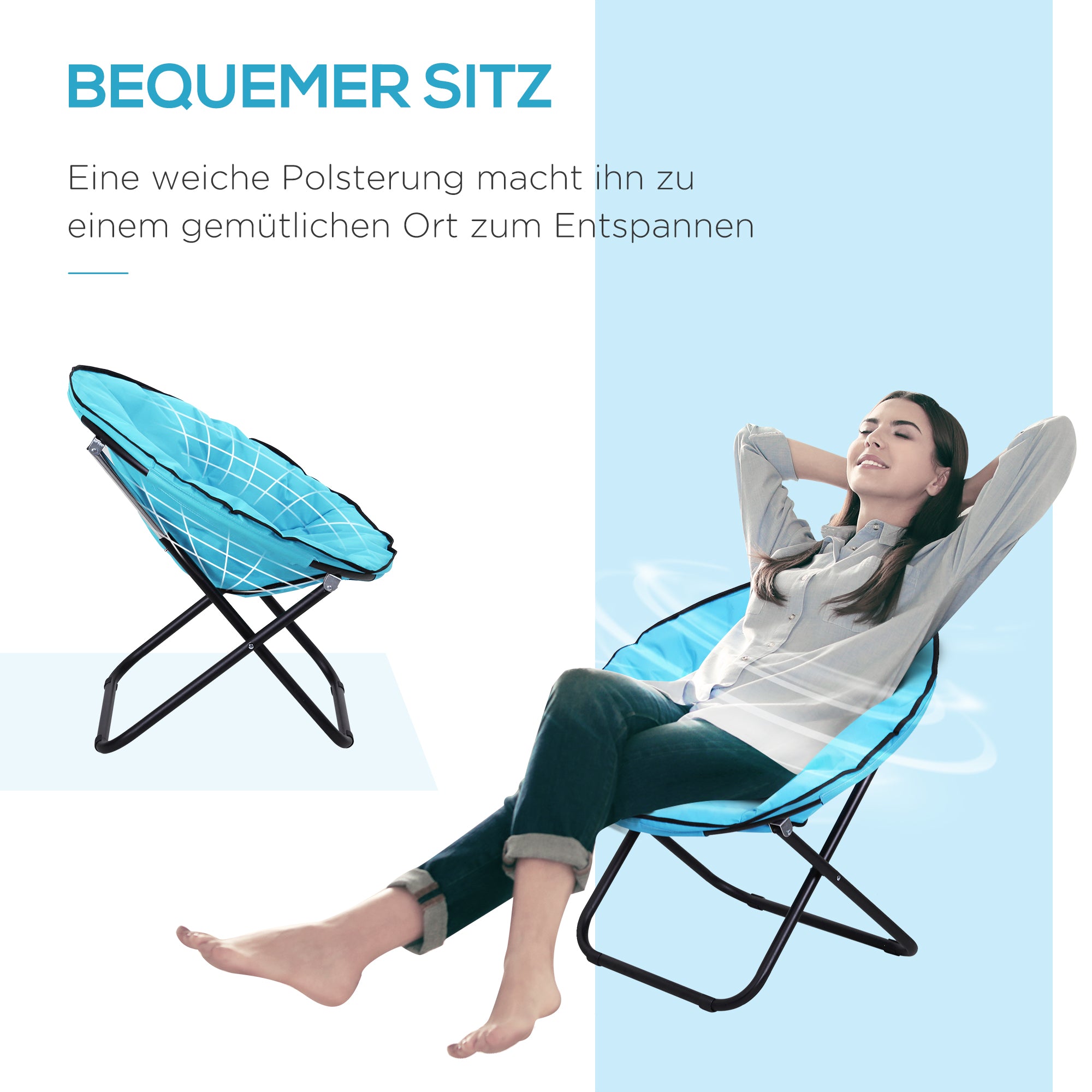 Folding Camping Chair Camp Chair with Backrest, Foldable Chair up to 120kg, Padded Moon Chair Extra Wide, Foldable Outdoor Chair for Garden, Balcony, Camping, Blue