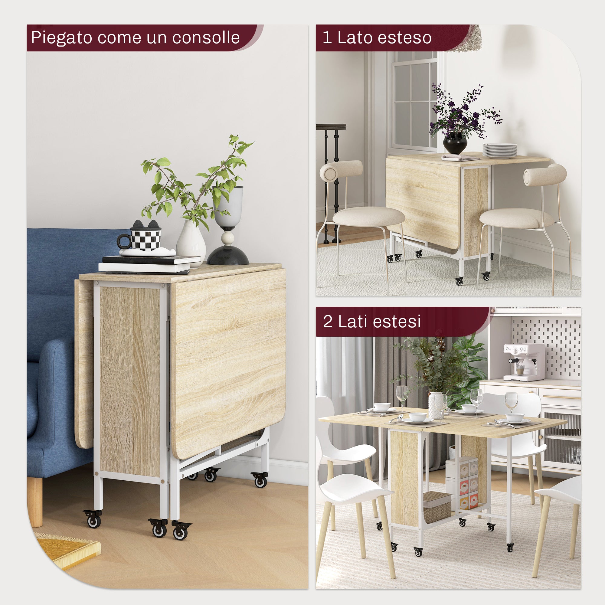 Folding Dining Table, Extendable Table for 4-6 Persons, Space Saving Modern Kitchen Table with Shelf and 6 Wheels, Made of Metal, 130x80x74 cm, Wood Color