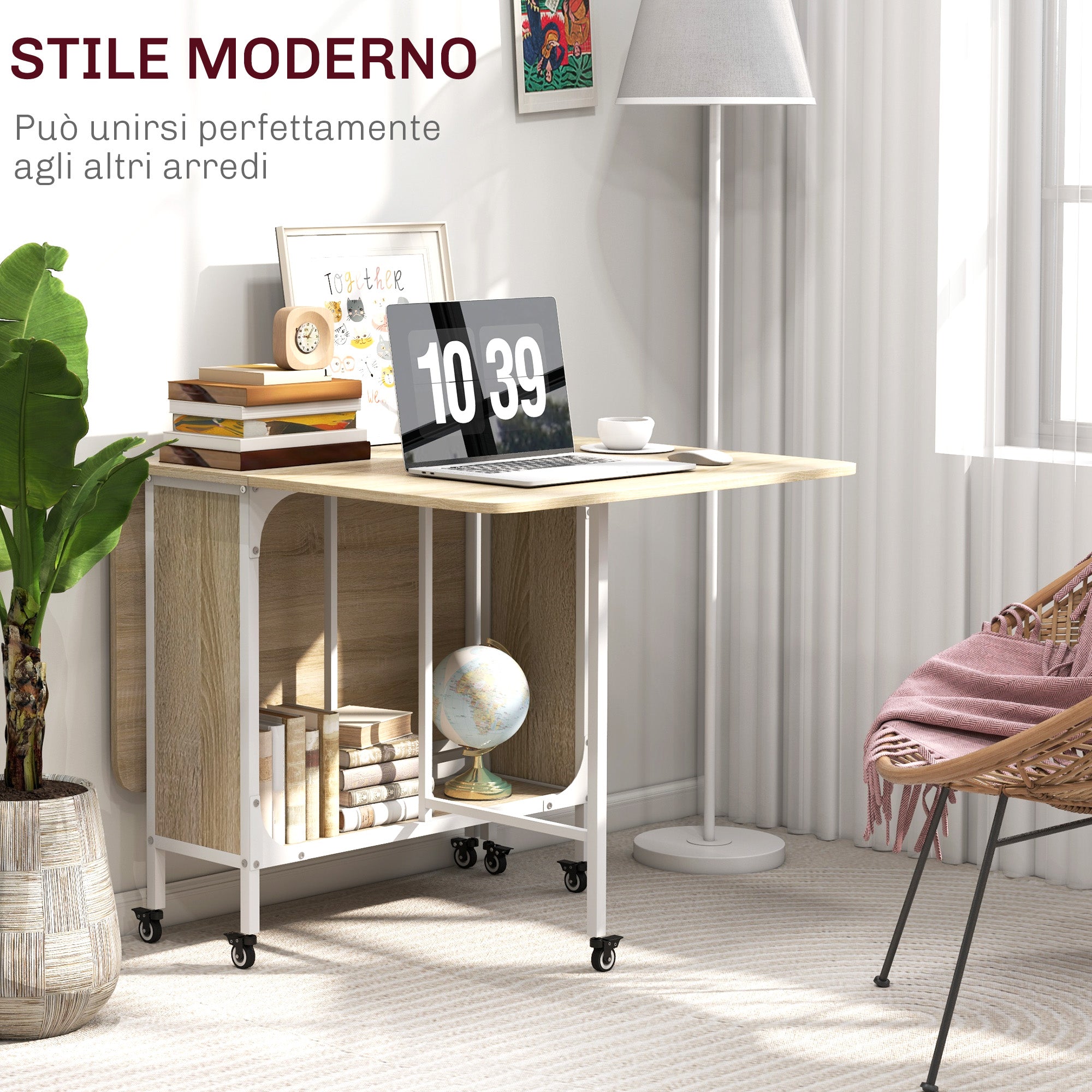 Folding Dining Table, Extendable Table for 4-6 Persons, Space Saving Modern Kitchen Table with Shelf and 6 Wheels, Made of Metal, 130x80x74 cm, Wood Color