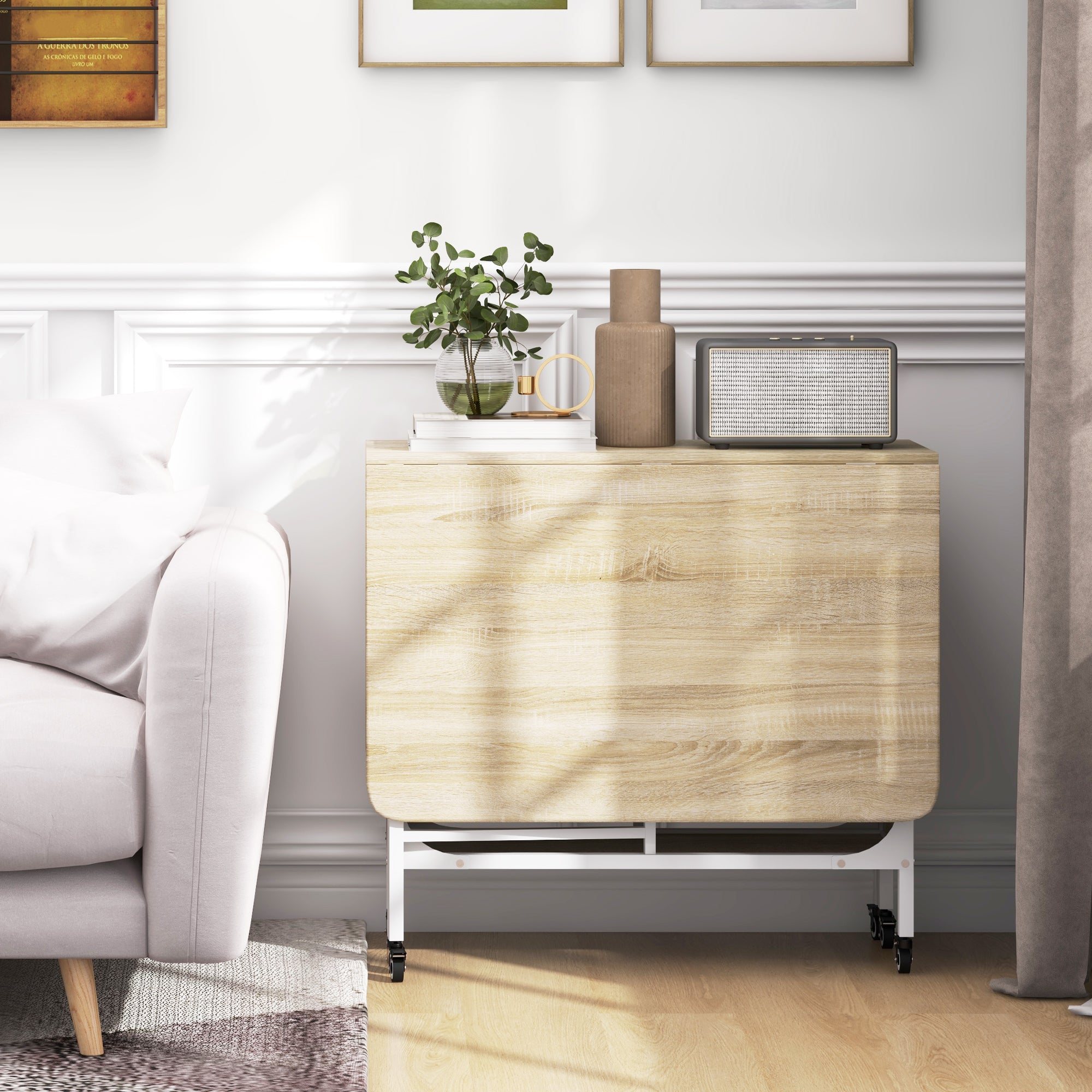 Folding Dining Table, Extendable Table for 4-6 Persons, Space Saving Modern Kitchen Table with Shelf and 6 Wheels, Made of Metal, 130x80x74 cm, Wood Color