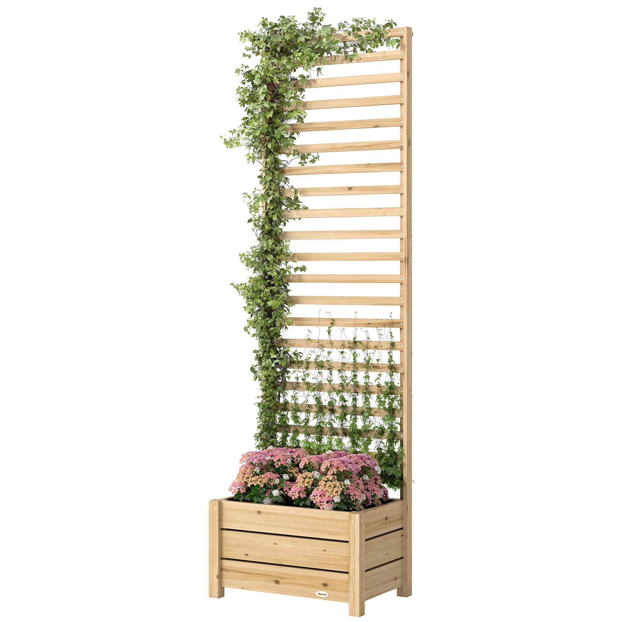 Raised Wooden Planter with Trellis, Flower Pot with Trellis, Drainage Hole and Non‑Woven Liner, Climbing Plant Planter for Garden 60 x 39 x 200 cm, Natural Wood