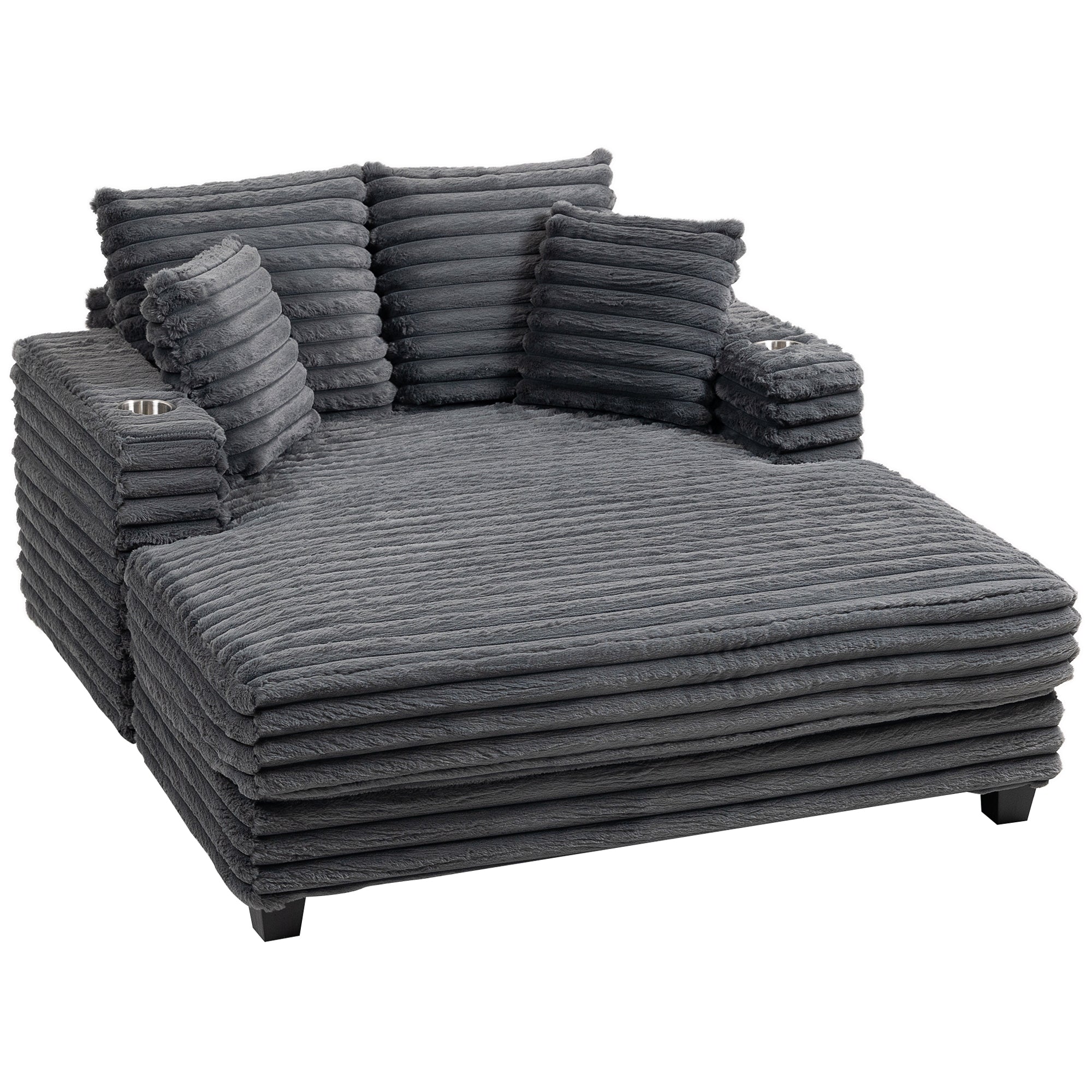 2-Seater Sofa Bed with Chaise, Gray Corduroy, Throw Pillows, Armrests & Cup Holders – 53" x 59"