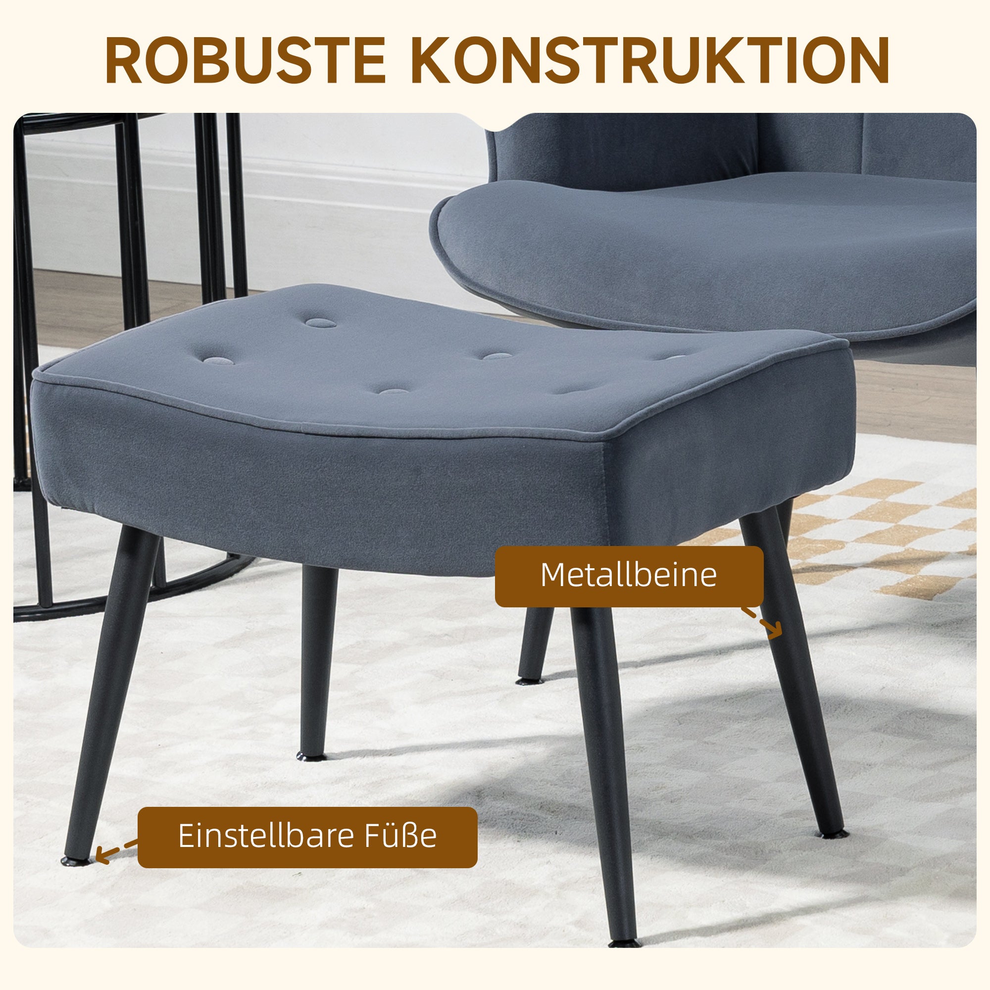 Wingback Chair with Footstool Armchair Lounge Chair with Velvet Look, Modern Recliner Chair, Upholstered Reading Chair for Living Room, Bedroom, Dark Gray