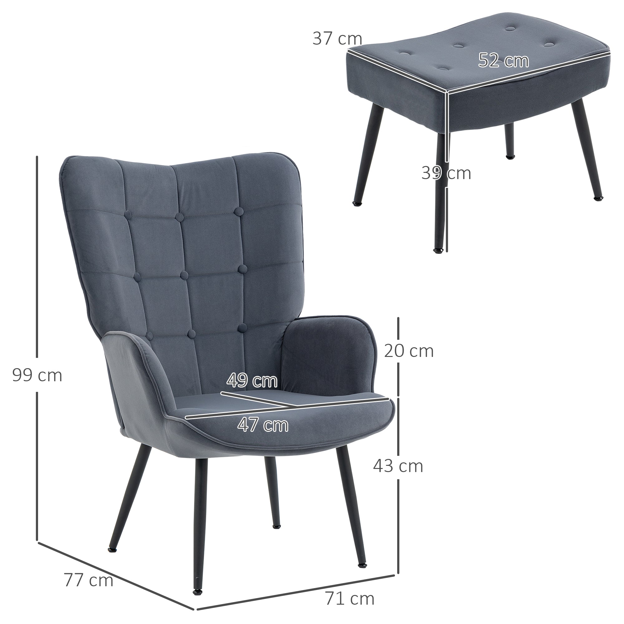 Wingback Chair with Footstool Armchair Lounge Chair with Velvet Look, Modern Recliner Chair, Upholstered Reading Chair for Living Room, Bedroom, Dark Gray