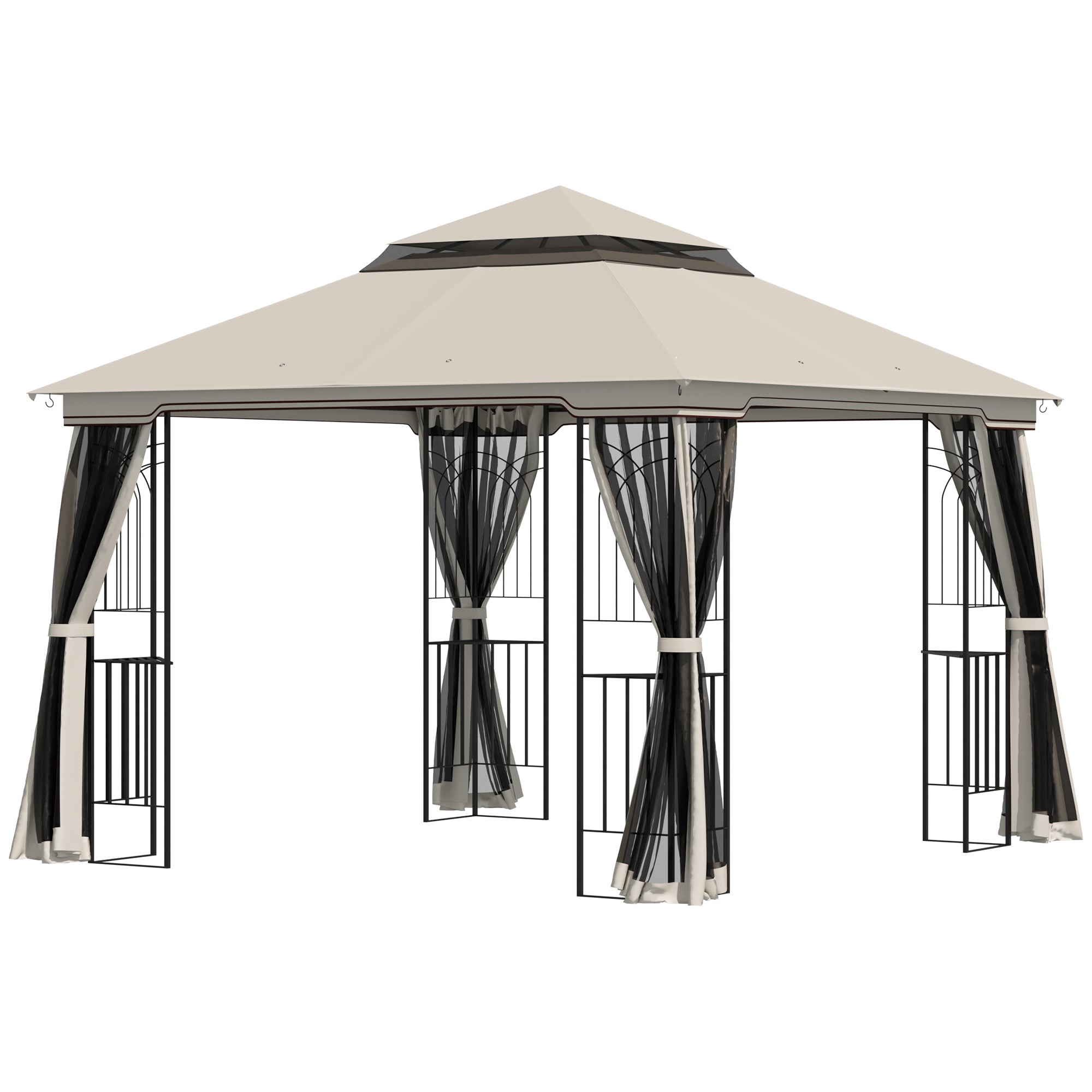 Garden Pavilion with Double Roof Gazebo Garden Tent Marquee Party Tent with 4 x Side Wall Metal+Polyester Beige 2.99 x 2.99 x 2.74 m