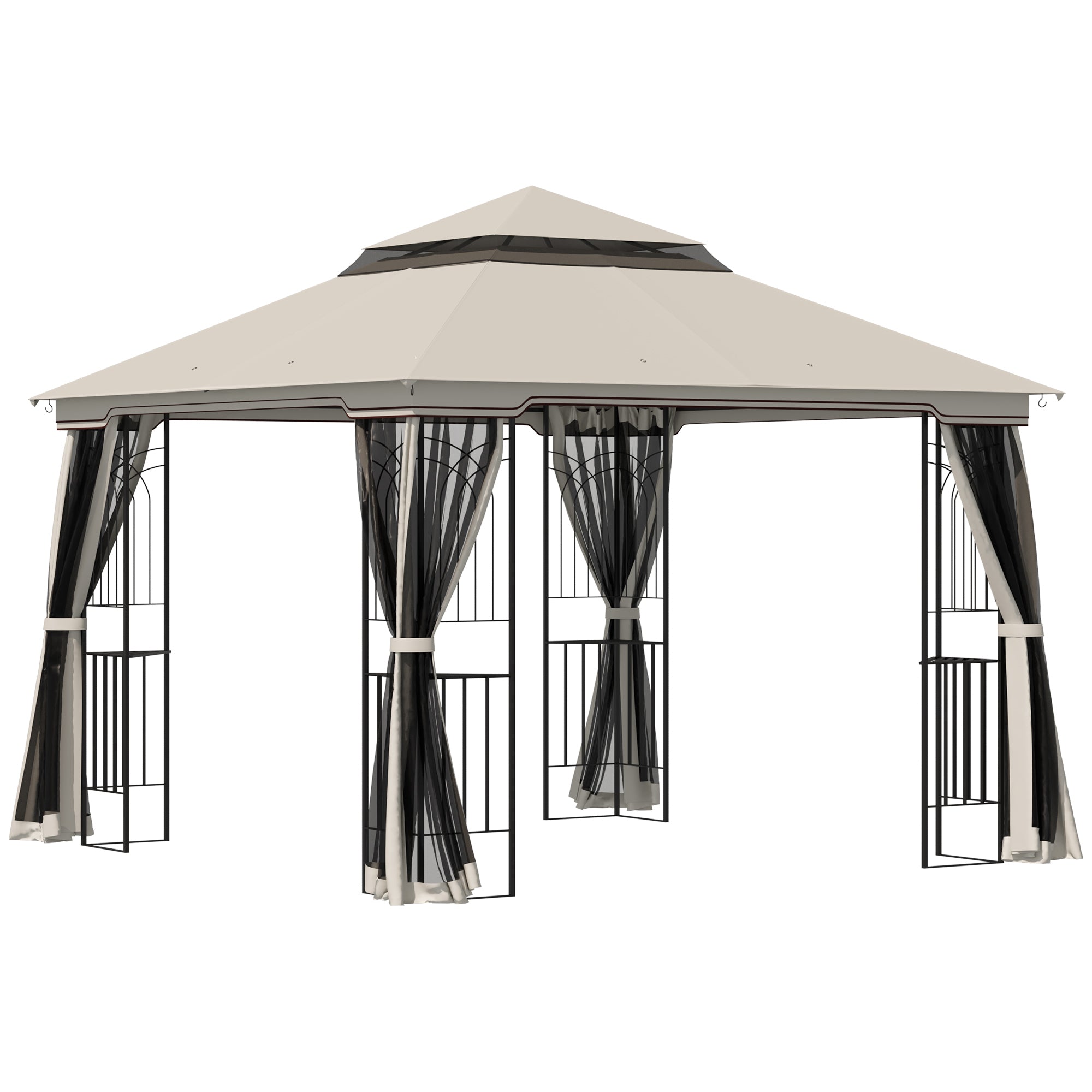 Garden Pavilion with Double Roof Gazebo Garden Tent Marquee Party Tent with 4 x Side Wall Metal+Polyester Beige 2.99 x 2.99 x 2.74 m