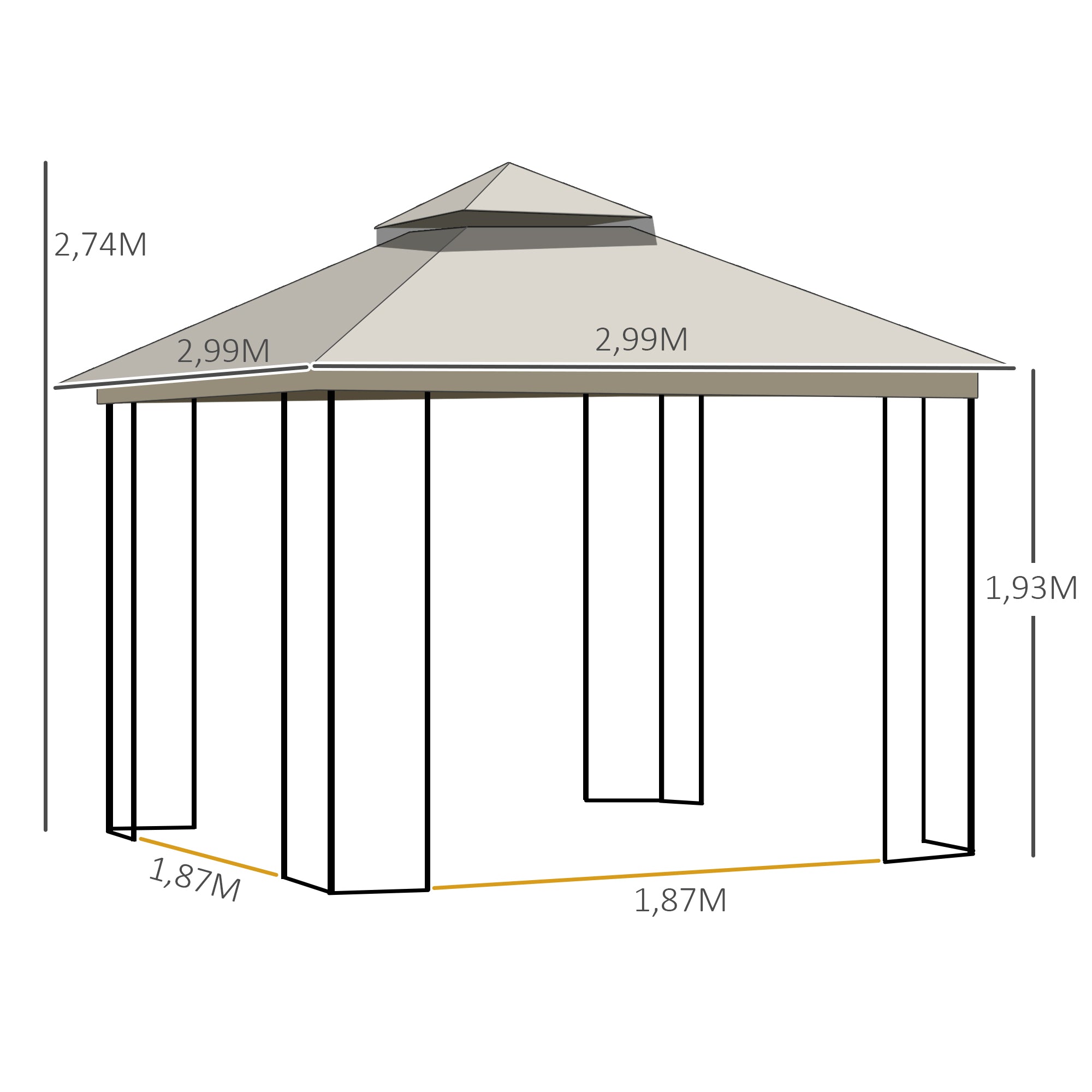 Garden Pavilion with Double Roof Gazebo Garden Tent Marquee Party Tent with 4 x Side Wall Metal+Polyester Beige 2.99 x 2.99 x 2.74 m