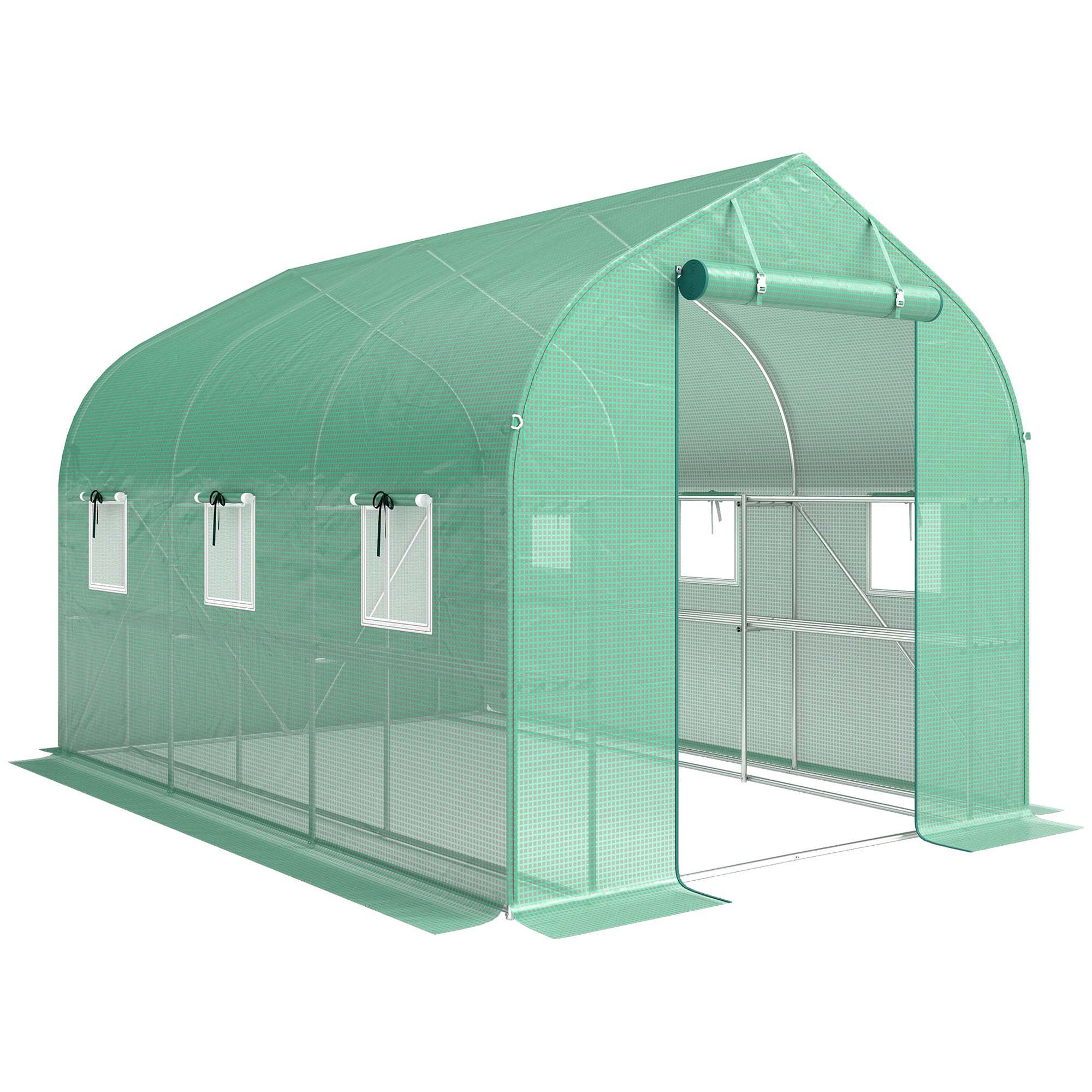 6 m² Tunnel Greenhouse with Shelves, 198 x 293 x 194 cm (78 x 115 x 76 in) — Galvanized Frame, Roll-Up Door, 6 Mesh Windows, 140 g/m² PE Cover — Green