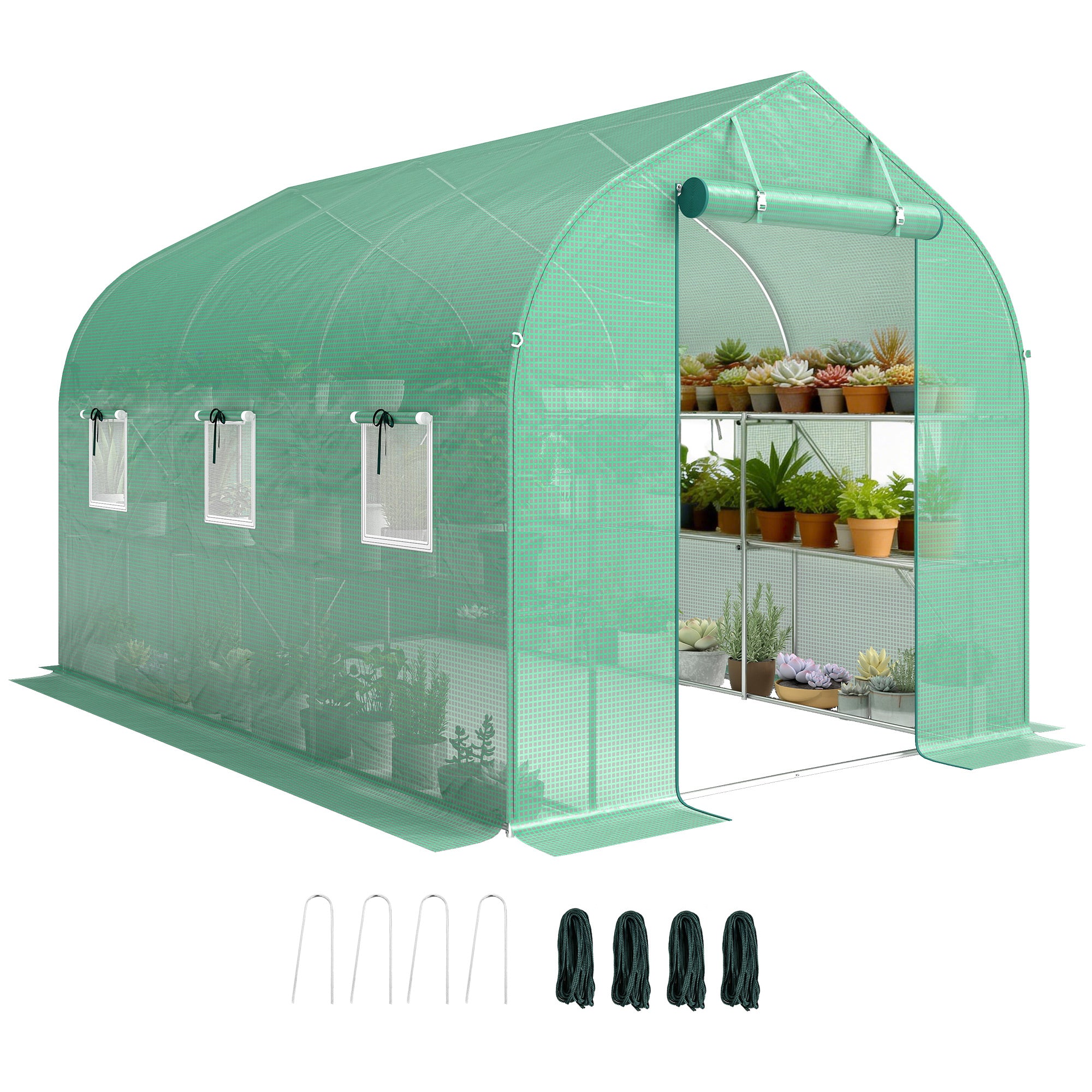 6 m² Tunnel Greenhouse with Shelves, 198 x 293 x 194 cm (78 x 115 x 76 in) — Galvanized Frame, Roll-Up Door, 6 Mesh Windows, 140 g/m² PE Cover — Green